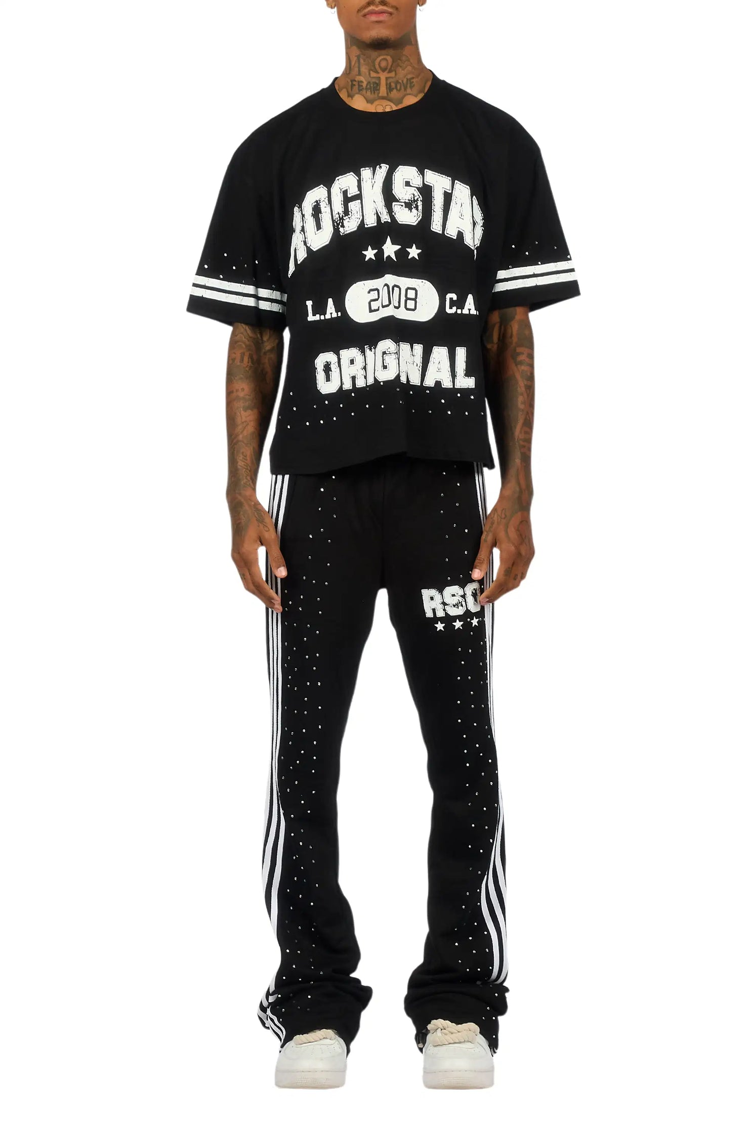 Tylla Black Rhinestone T-Shirt/Baggy Stacked Track Set