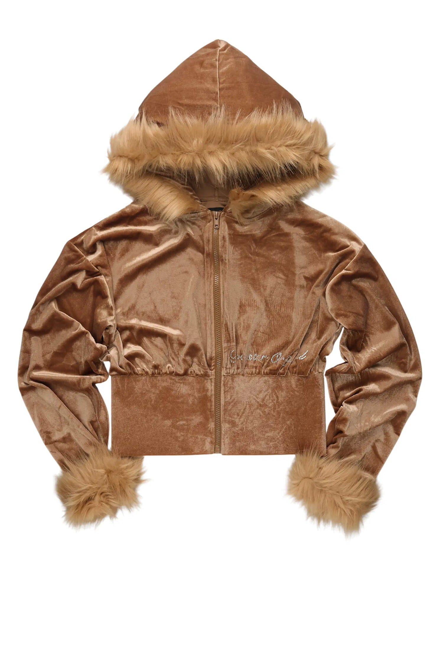 Shanika Camel Velour Crop Hoodie With Fur Hood