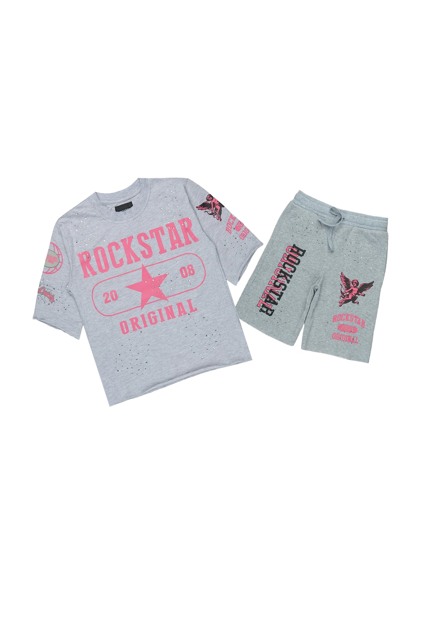 Girls Kyesha Grey Rhinestone Boxy T-Shirt Short Set