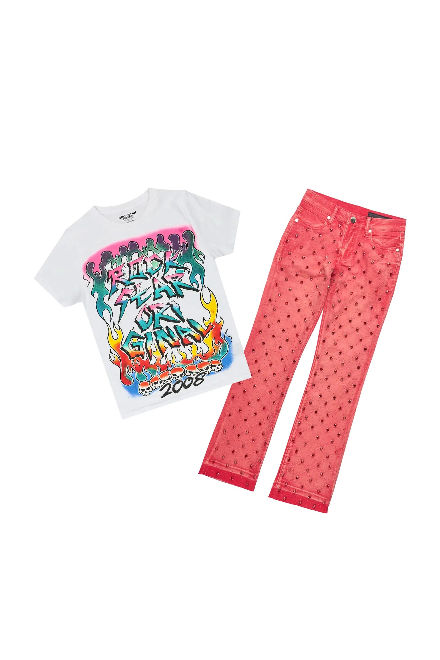 Girls Ebba White/Red T-Shirt Stacked Jean Set
