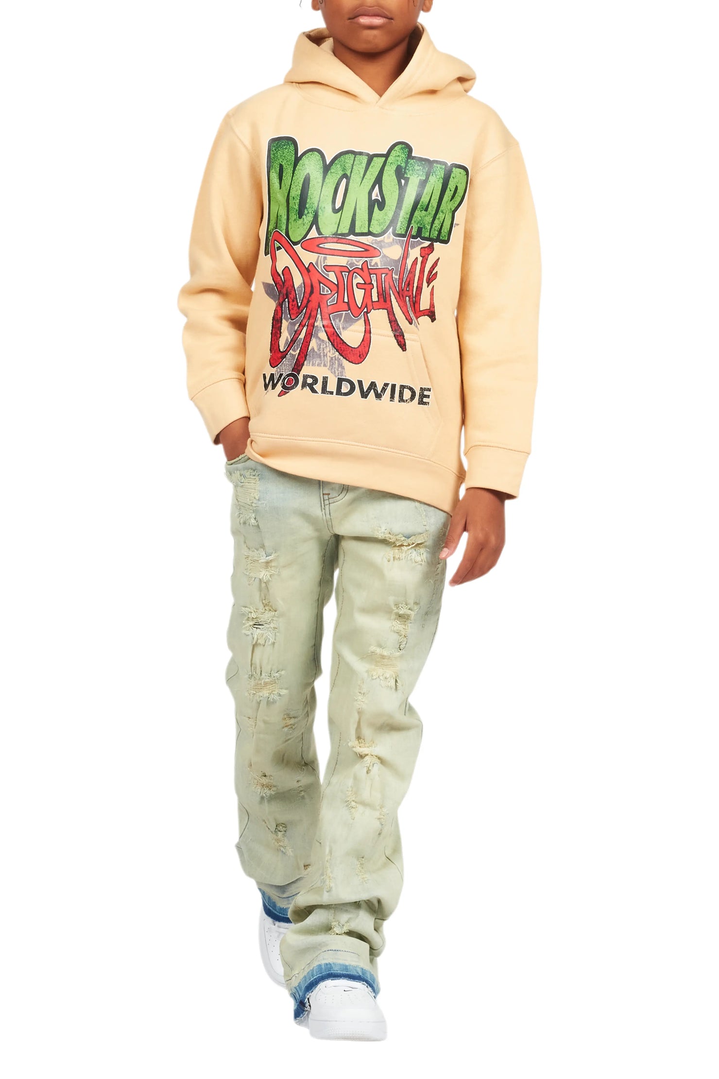 Boys Kait Beige Hoodie/Stacked Flare Jean Set
