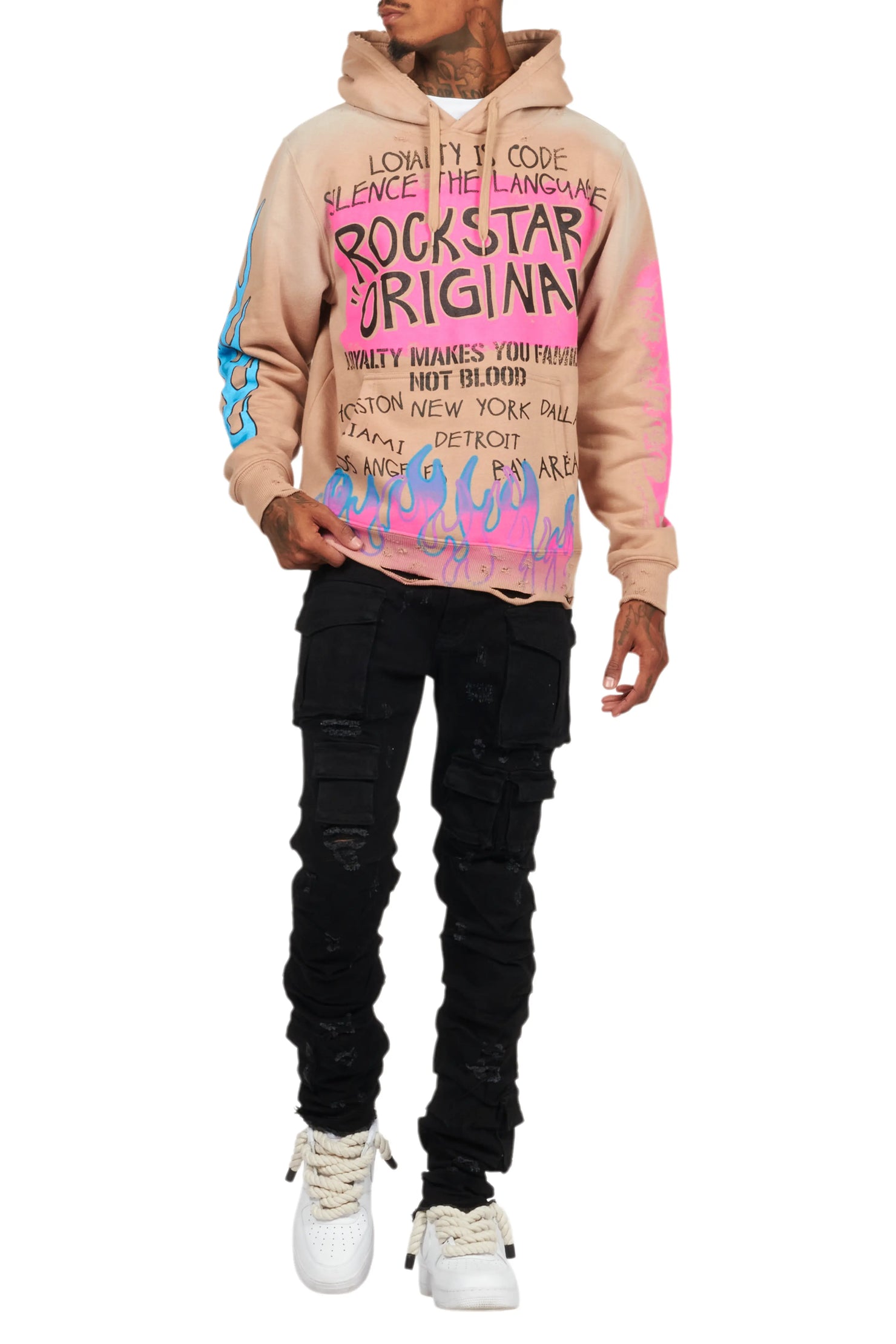 Beno Khaki Distressed Graphic Hoodie