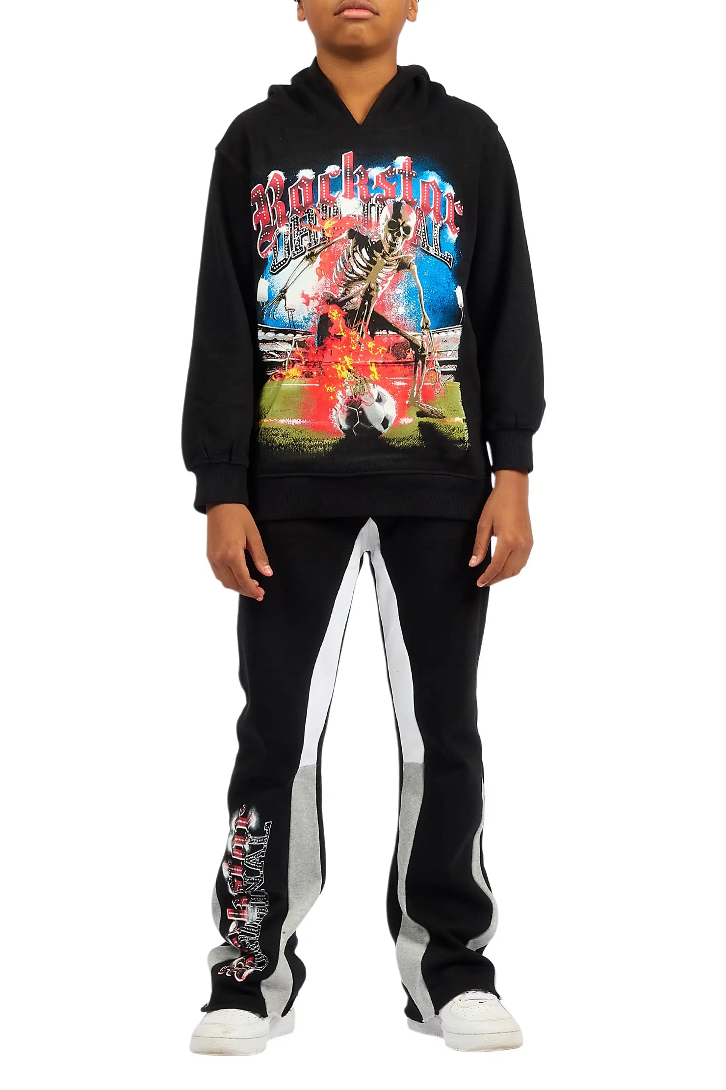 Boys Rodgers Black Hoodie Stacked Flare Track Set