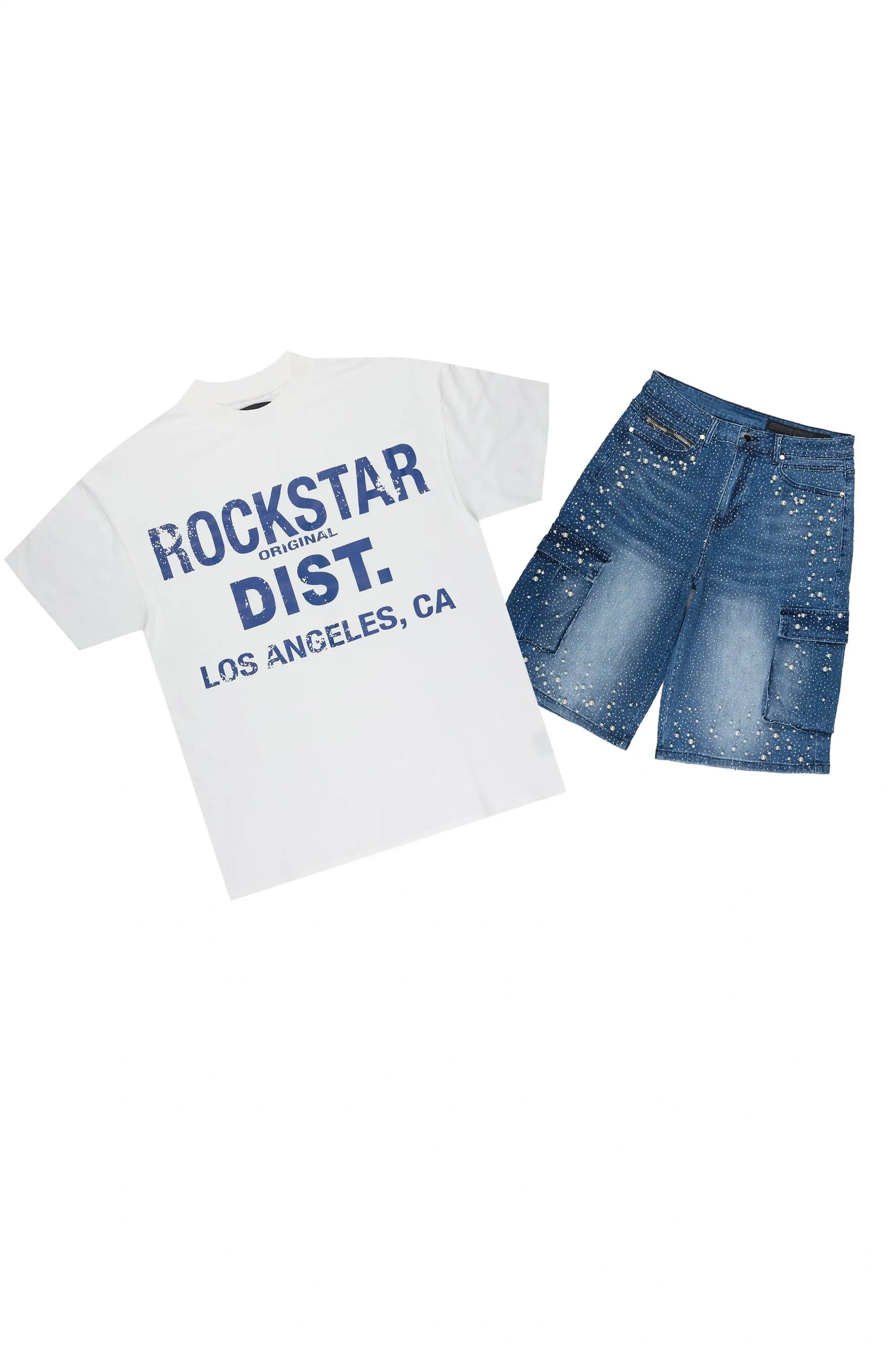 Sevyn White/Blue Rhinestone T-Shirt Denim Jort Set