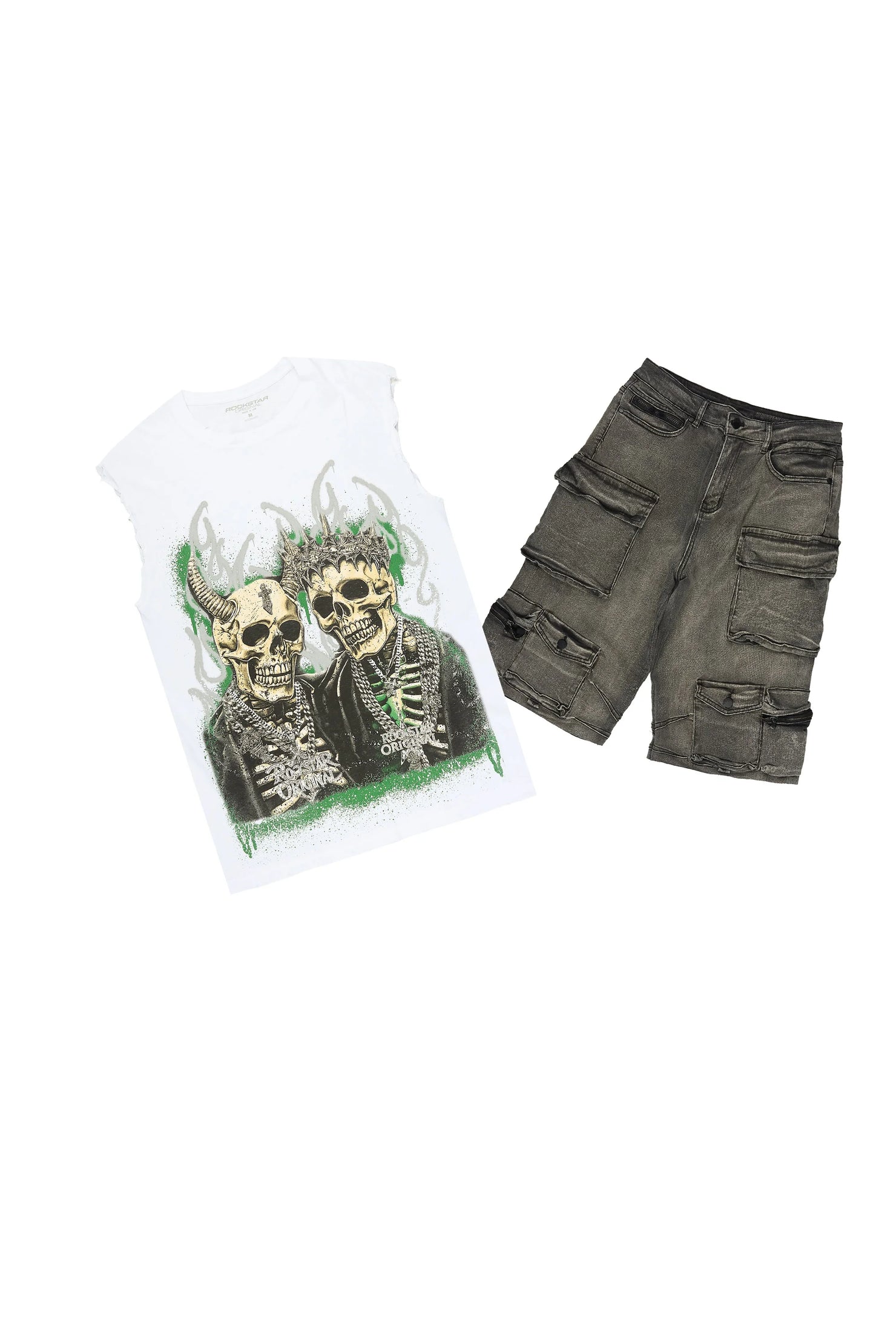 Kingston White/Grey Graphic T-Shirt & Mahesh Baggy Cargo Jean Short Set