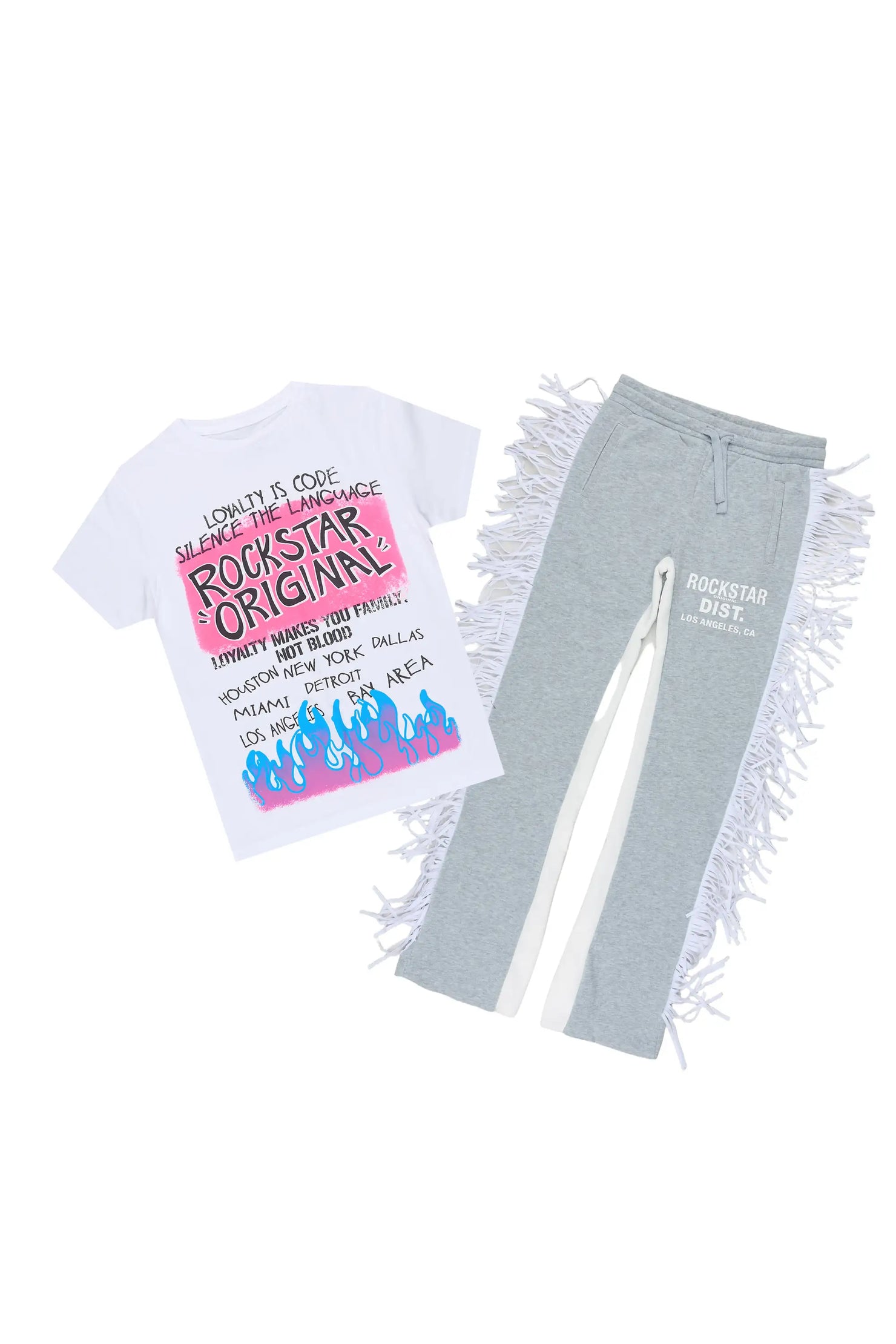 Girls Briken White/Grey T-Shirt/Fringe Stacked Pant Set