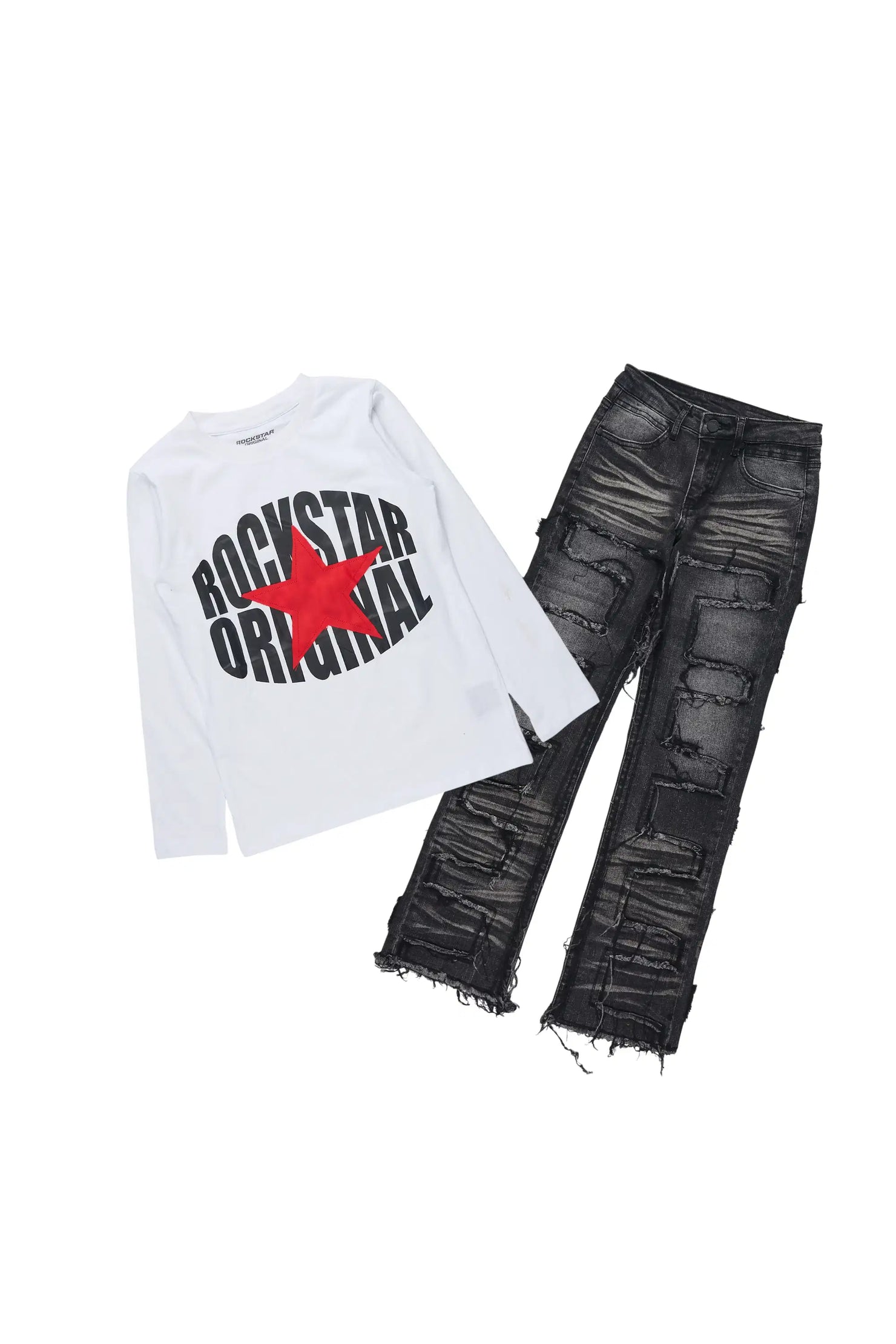 Boys Ezra White Long Sleeve T-Shirt & Shake Black Stacked Jean Set