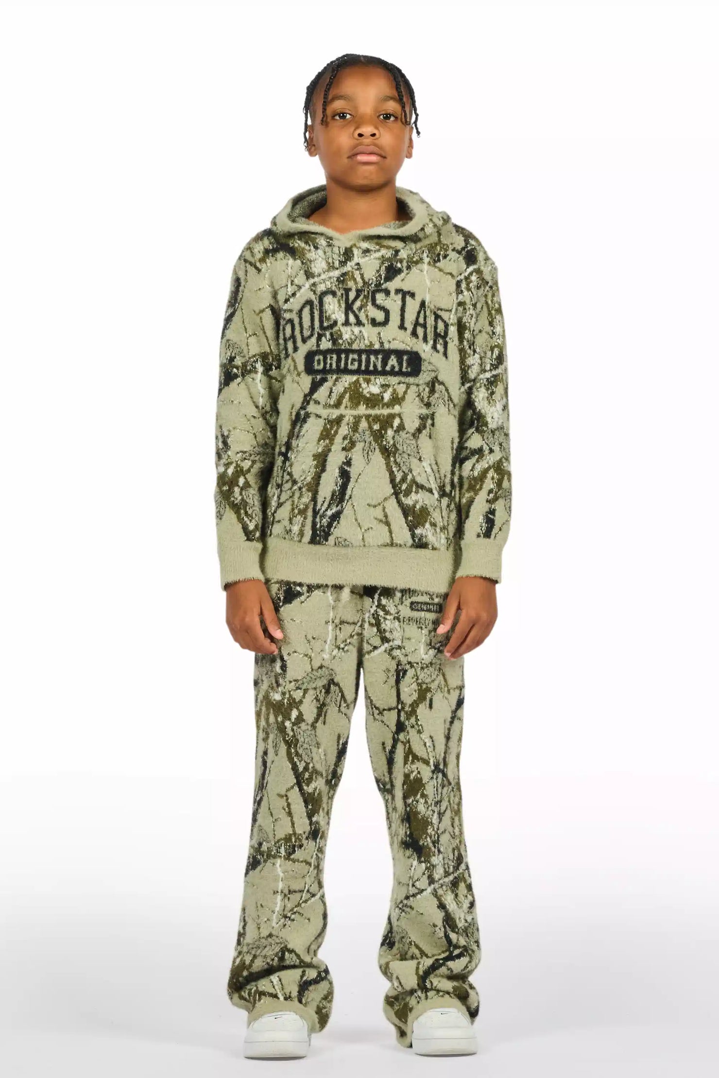 Boys Member Tree Camo Stacked Flare Knitted Mohair Track Set