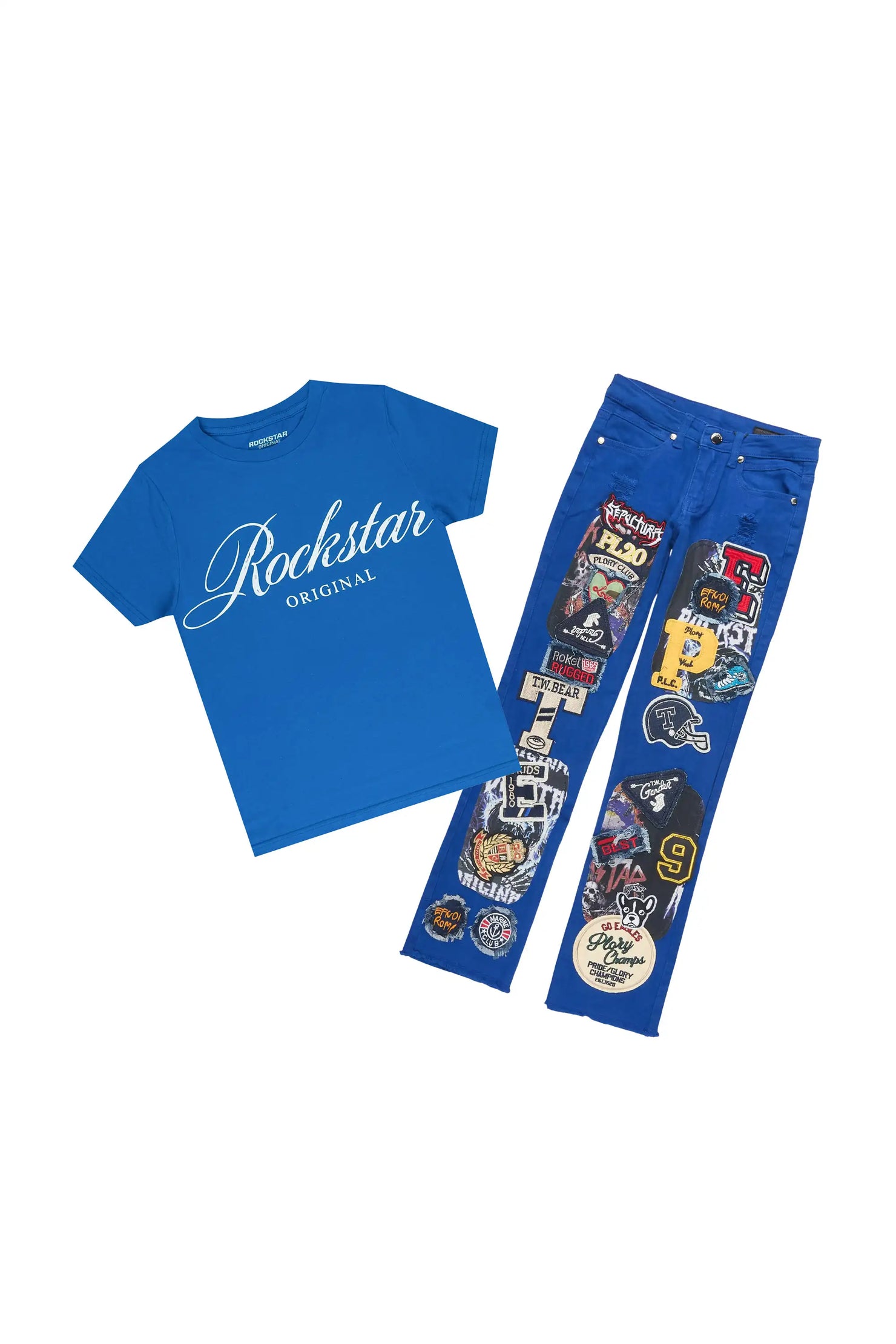 Boys Domaric Royal Blue T-Shirt Stacked Jean Set