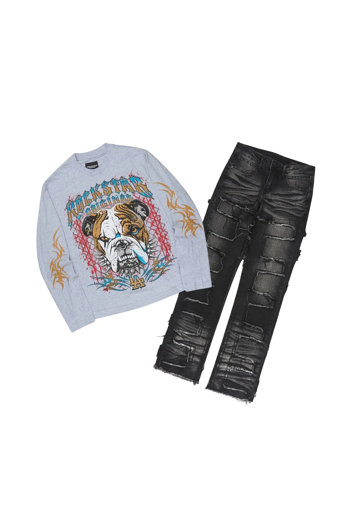 Boys Buddy Heather Grey/Dark Grey Long Sleeve T-Shirt Stacked Frayed Jean Set