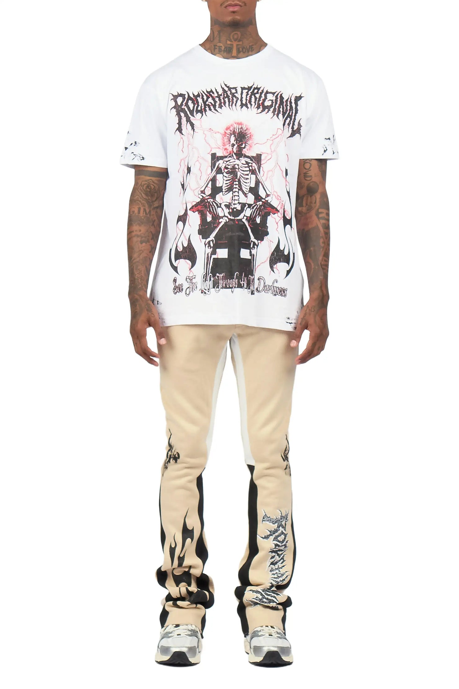 Deathrow 2.0 White/Beige T-Shirt/Stacked Flare Pant Set