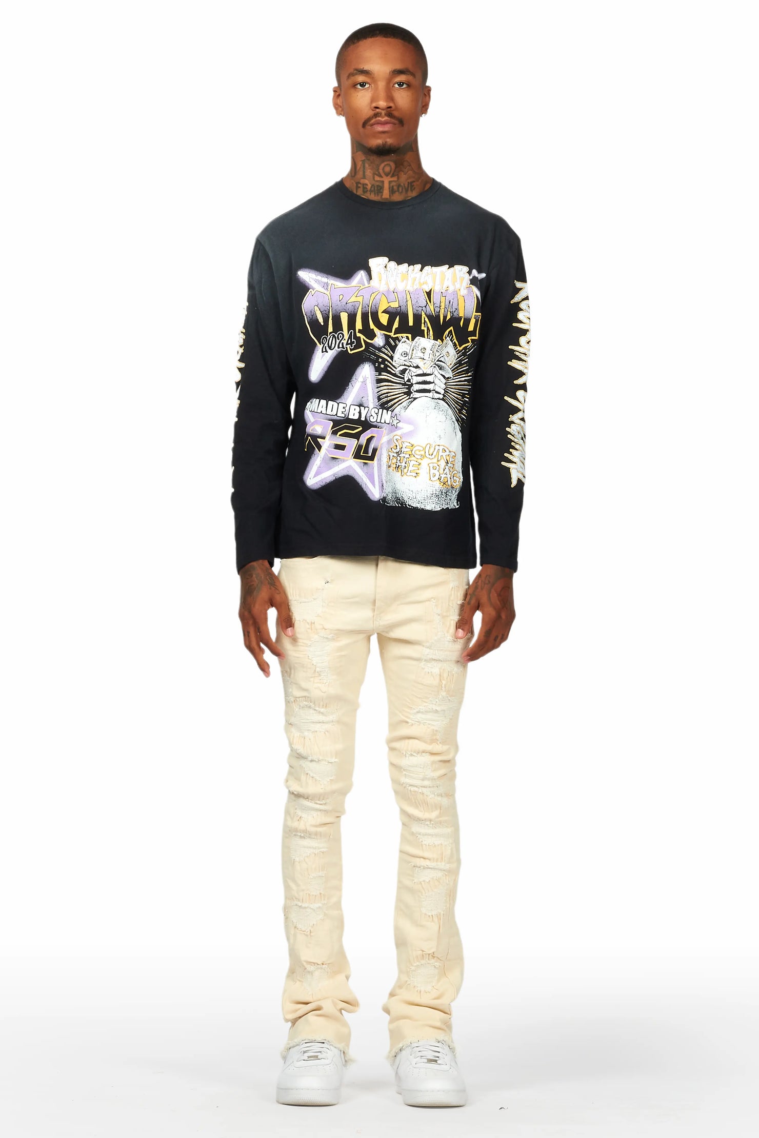 Sigmund Beige Stacked Flare Jean