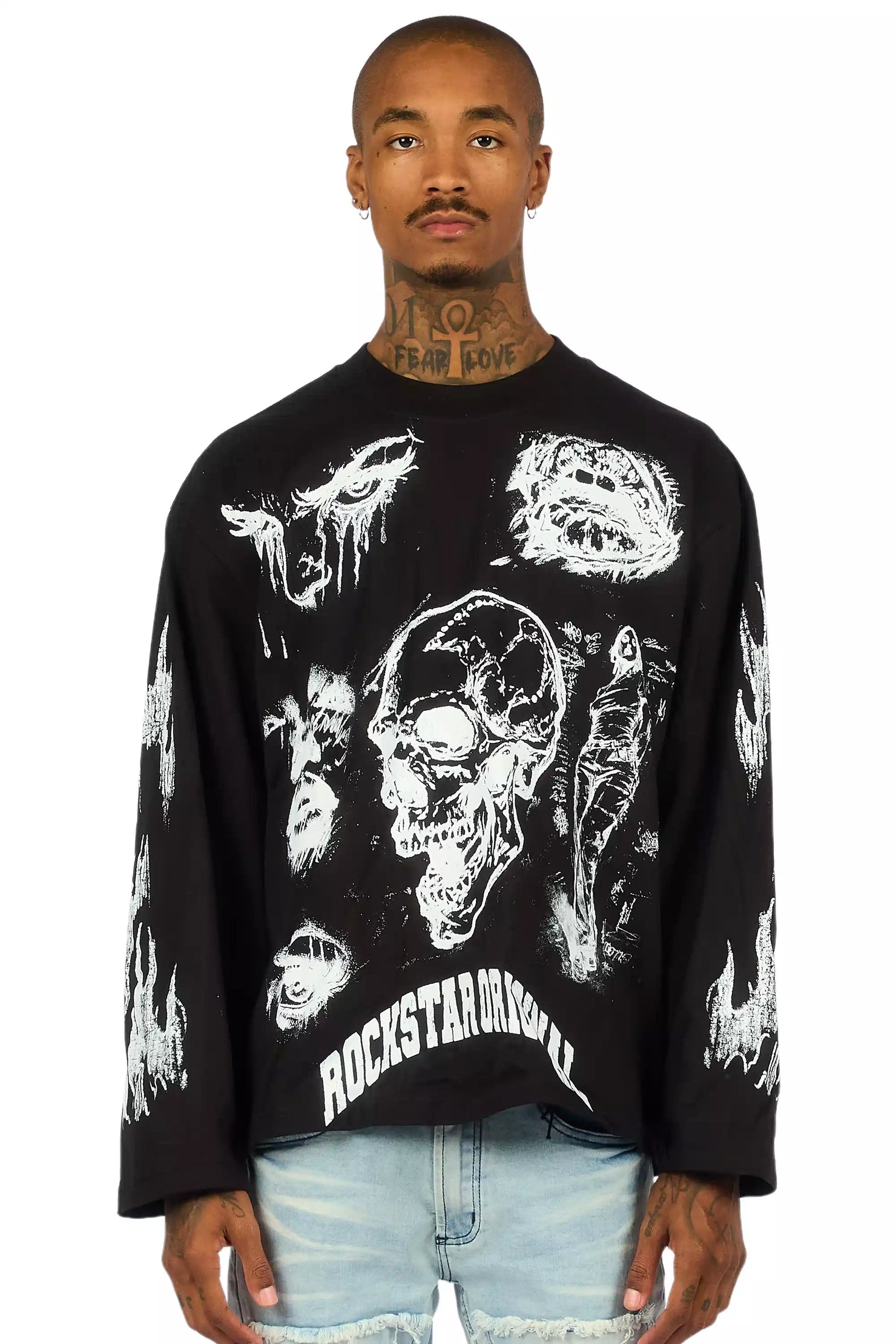 Malikye Black/White Oversized Long Sleeve Graphic T-Shirt
