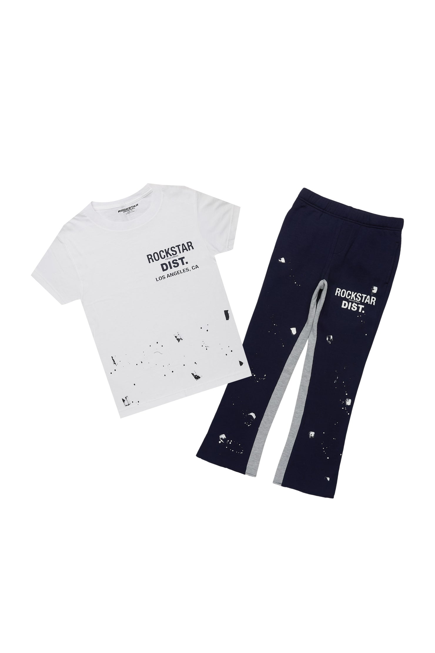 Boys Raffer White/Navy T-Shirt/Baggy Stacked Pant Set