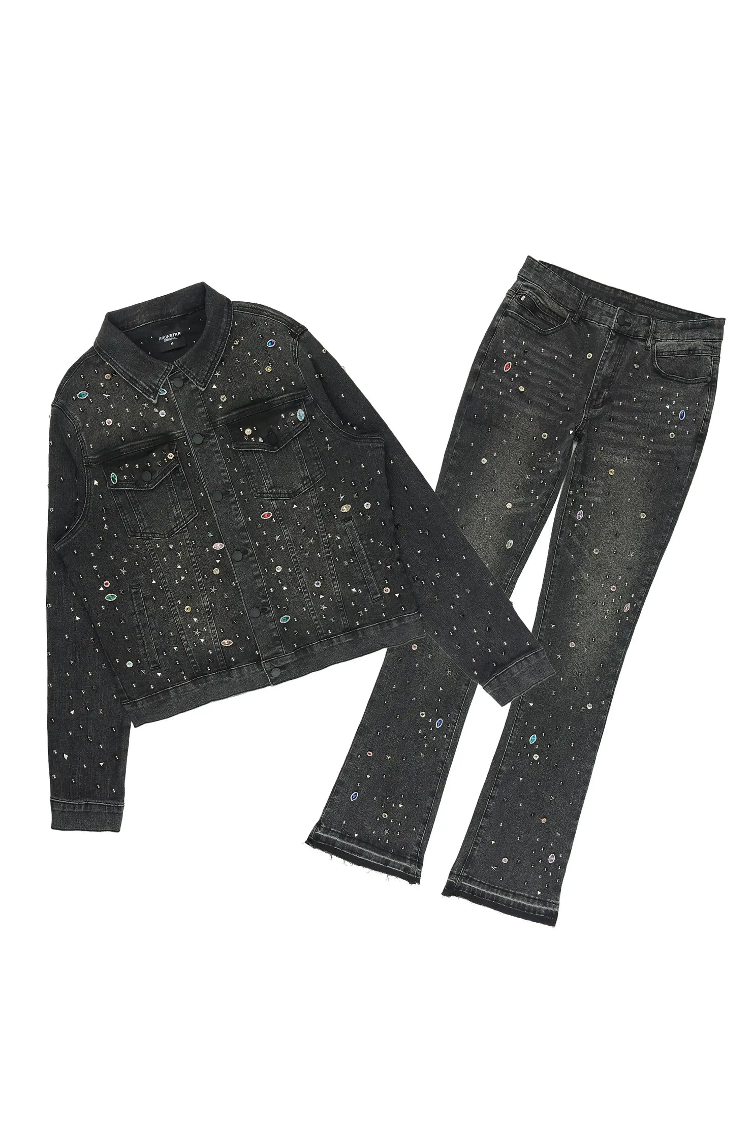 Norris Jet Black Rhinestone Denim Jacket/Stacked Flare Jean Set