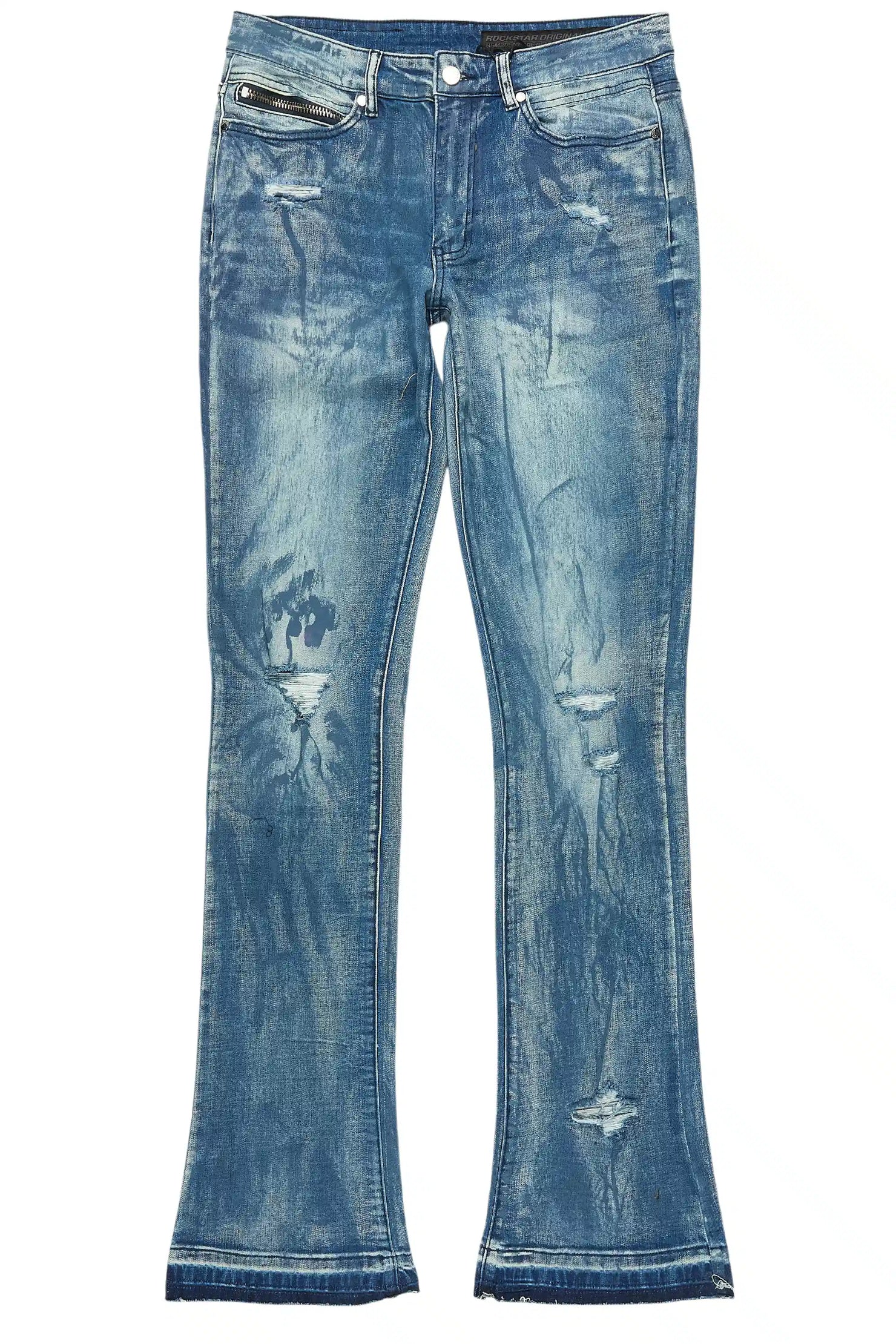 Inkspill Blue Oil Wash Stacked Flare Jean