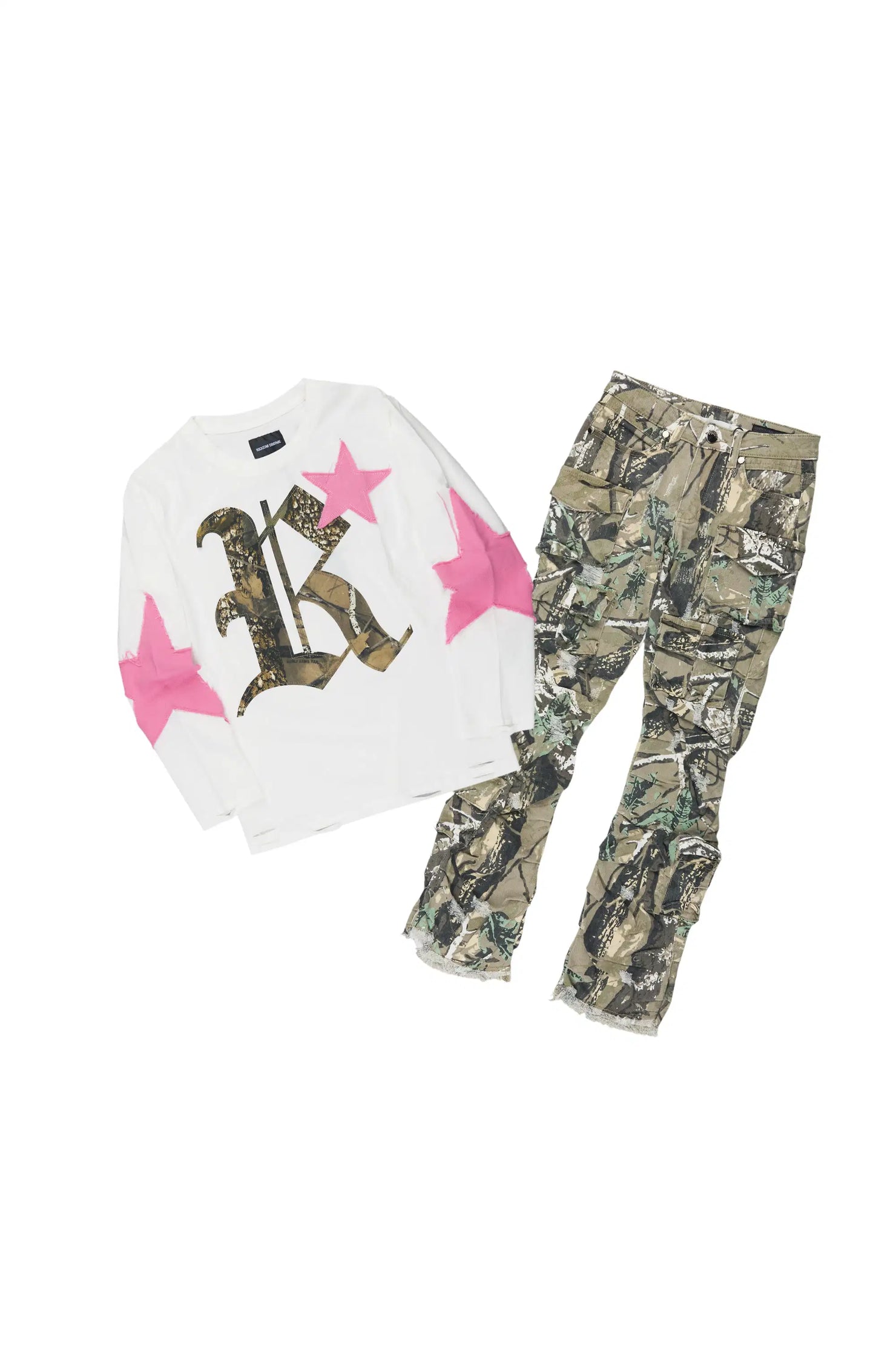 Girls Delgera White/Tree Camo Long Sleeve T-Shirt Stacked Jean Set
