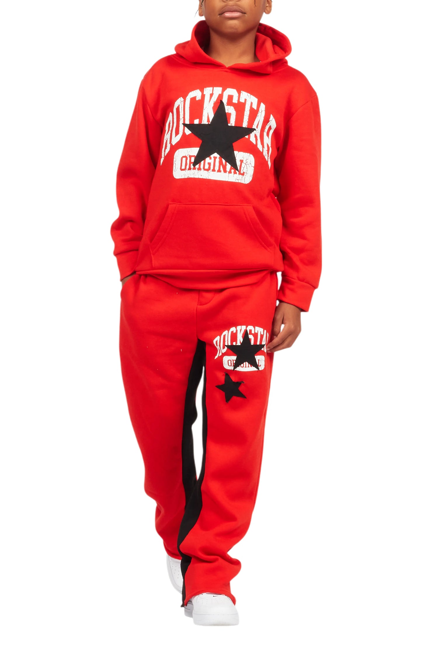 Boys Mallor Red/Black Baggy Stacked Hoodie Track Set