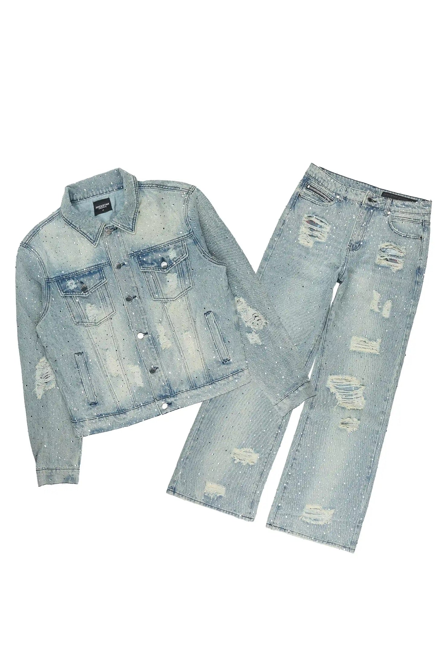 Discolite Tint Blue Rhinestone Denim Jacket/Baggy Jean Set