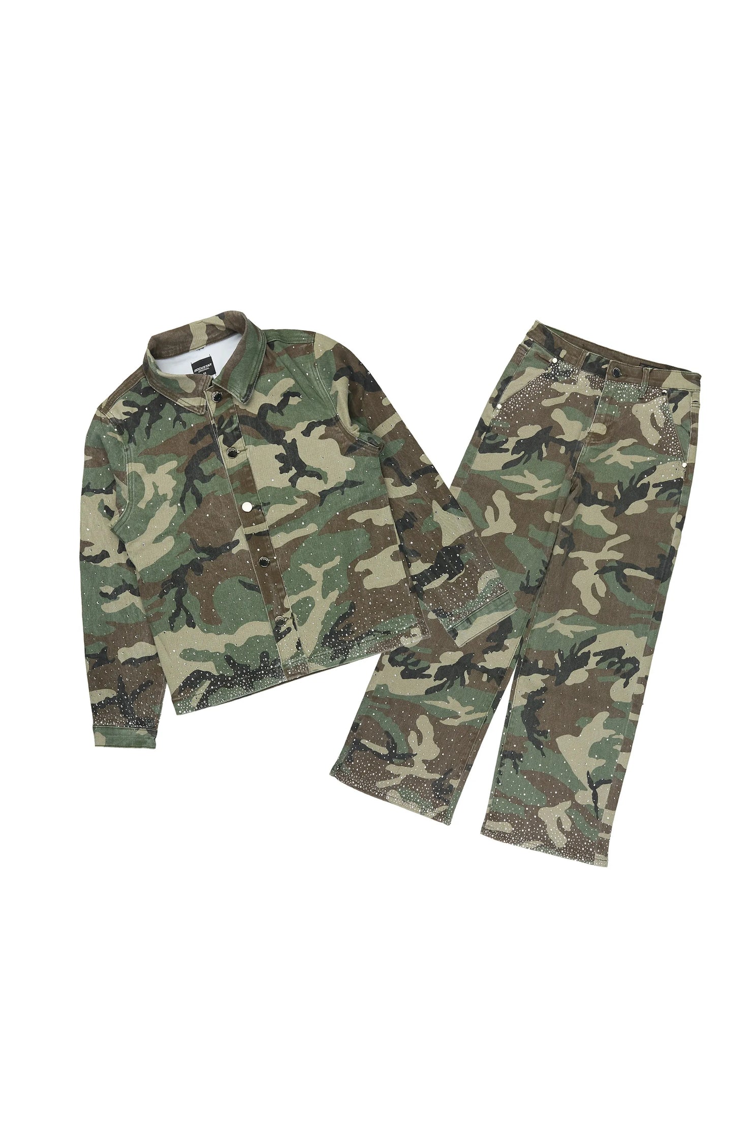 Boys Xyler Green Camo Rhinestone Button Down Shirt/Relaxed Jean Set