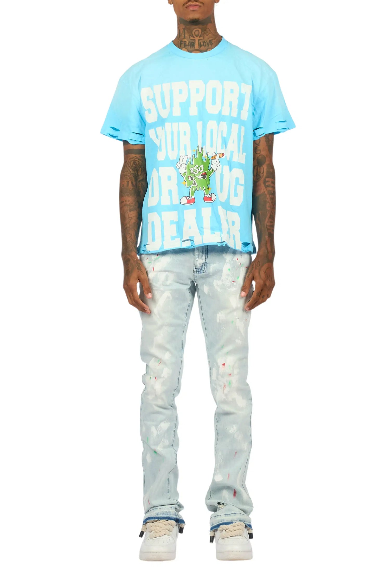 Tarl Blue Oversized T-Shirt/Stacked Flare Jean Set