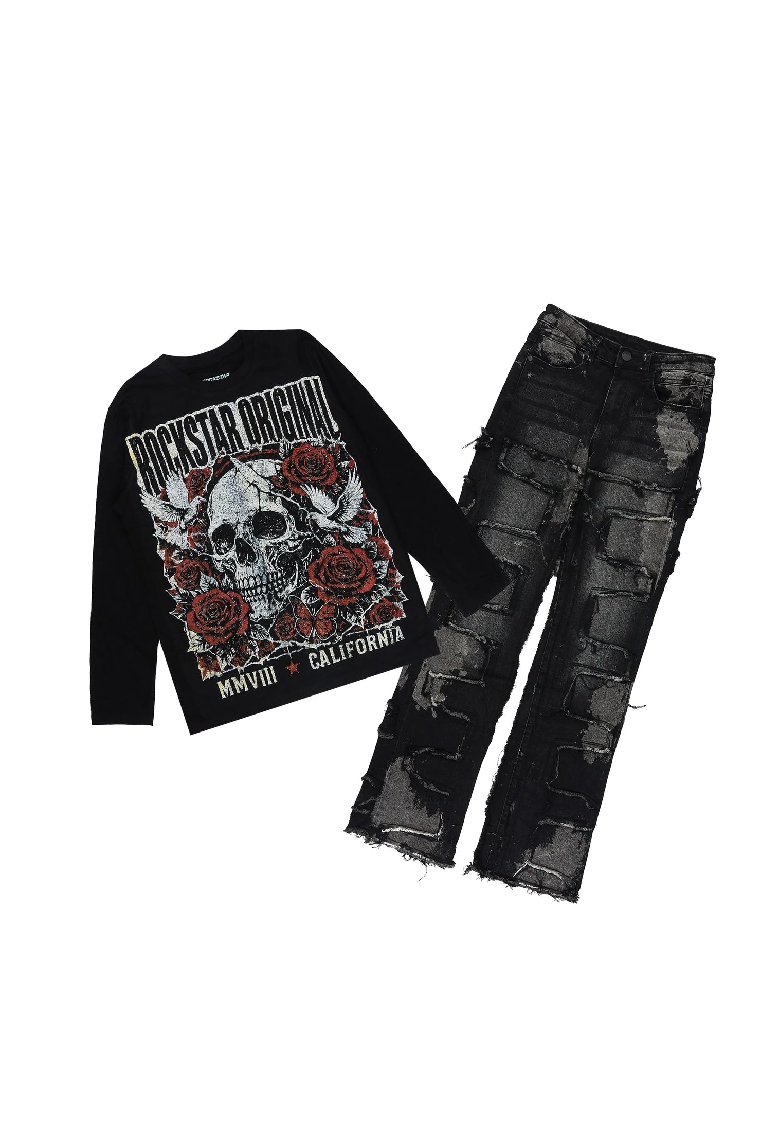 Boys Mars Black Long Sleeve T-Shirt Stacked Jean Set