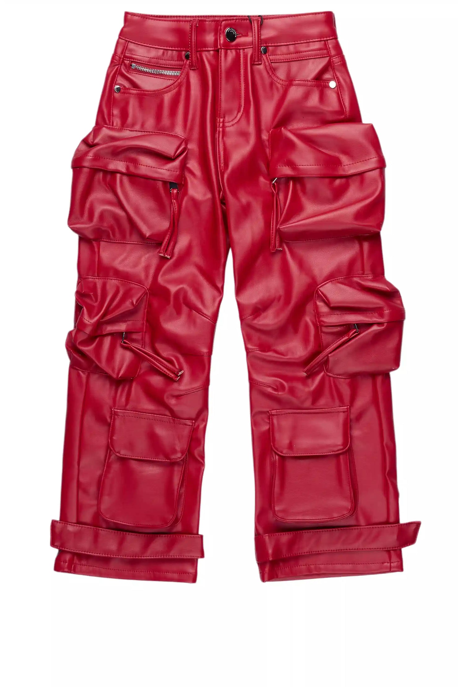 Boys Lenz Red PU Cargo Leather Baggy Fit Jean