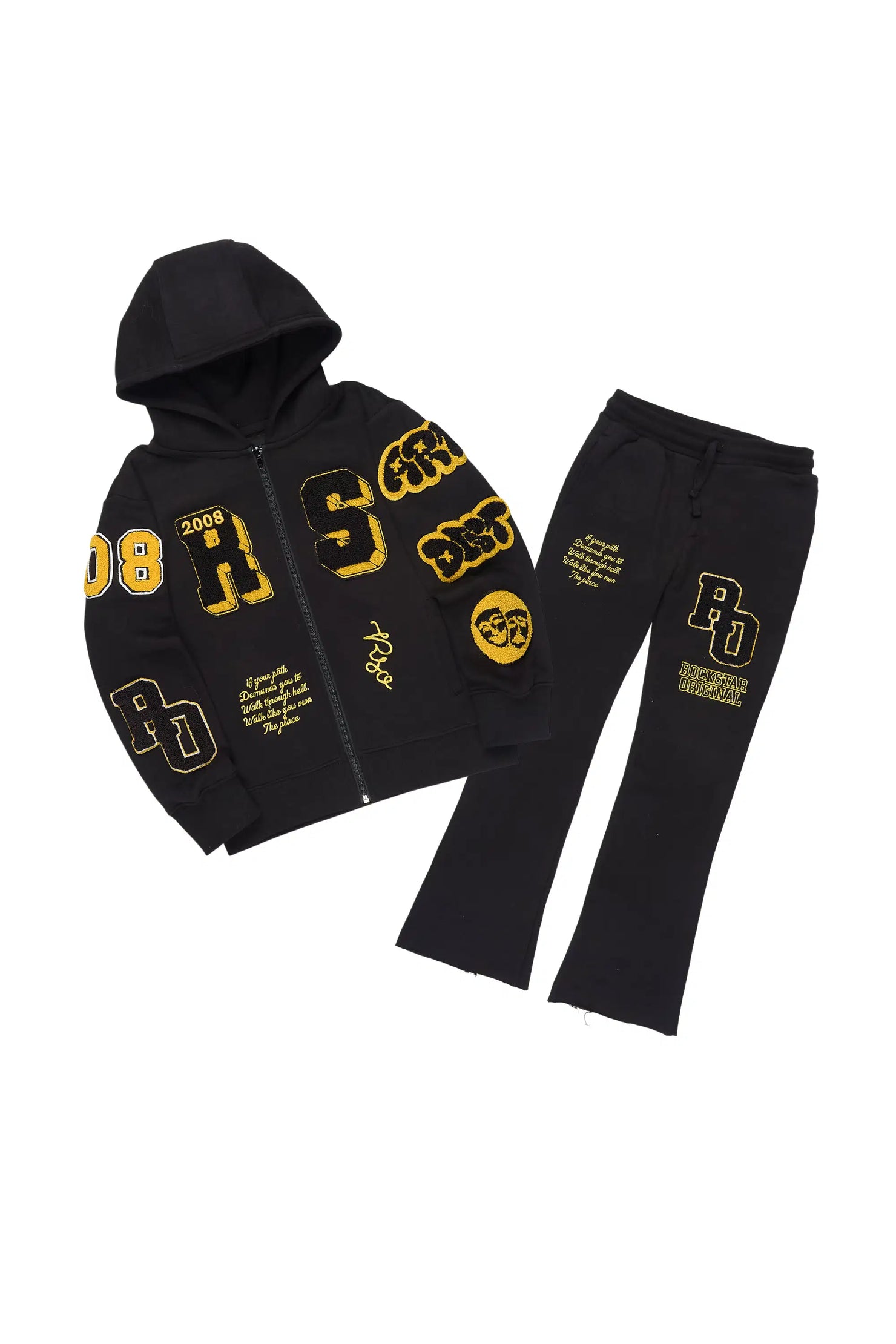Girls Leslee Black/Yellow Embroidered Stacked Flare Hoodie Track Set