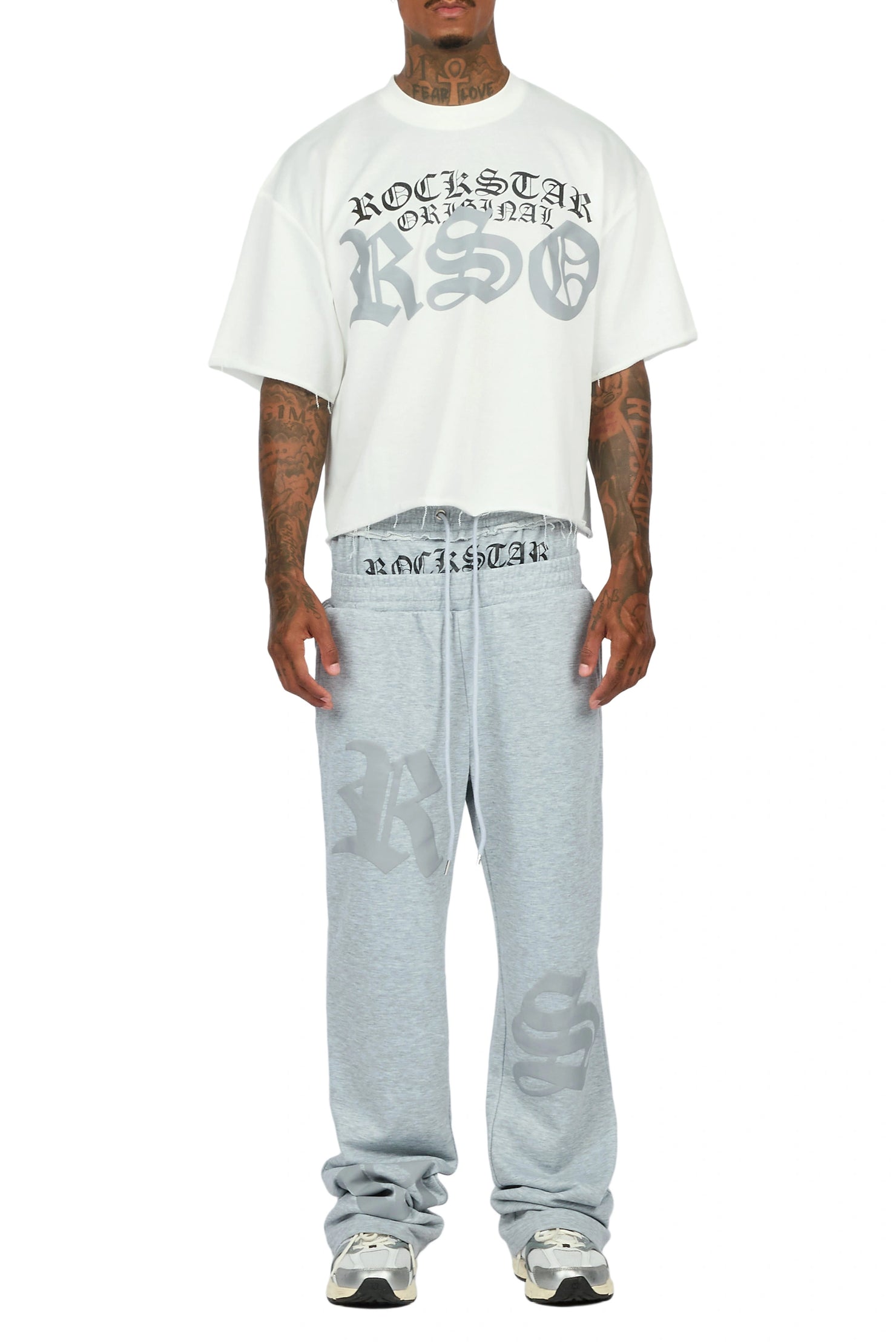 Burke Heather Grey Chenille Patch Boxy Tee/Double Waistband Pant Track Set