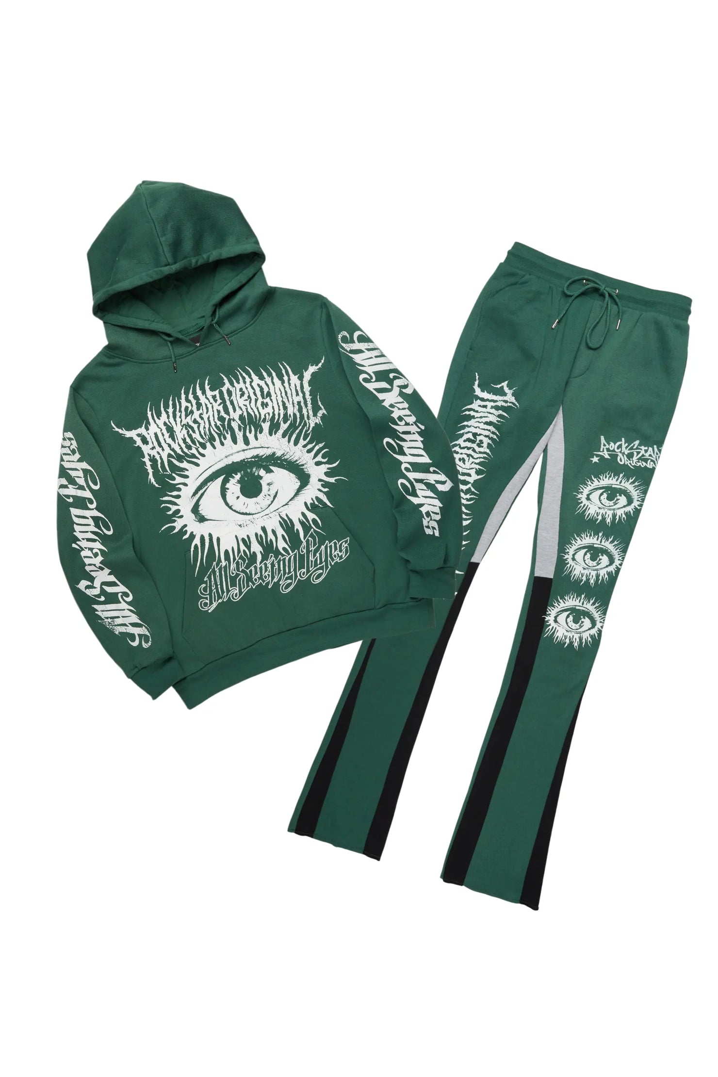 All Seeing Eyes Dark Green Stacked Flare Track Pant Set