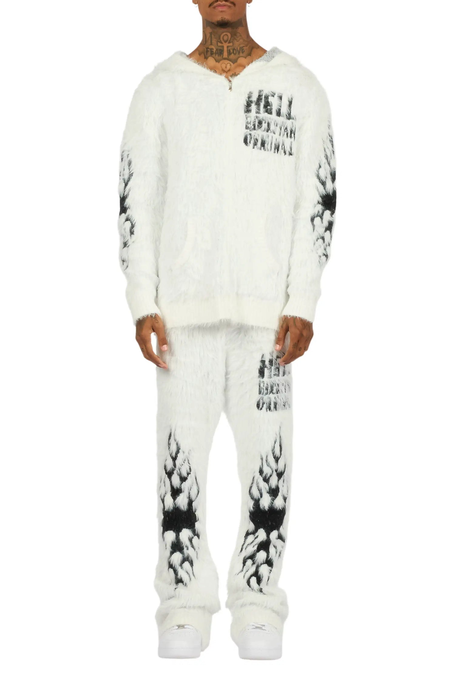 Toshio White Stacked Flare Knitted Mohair Track Set