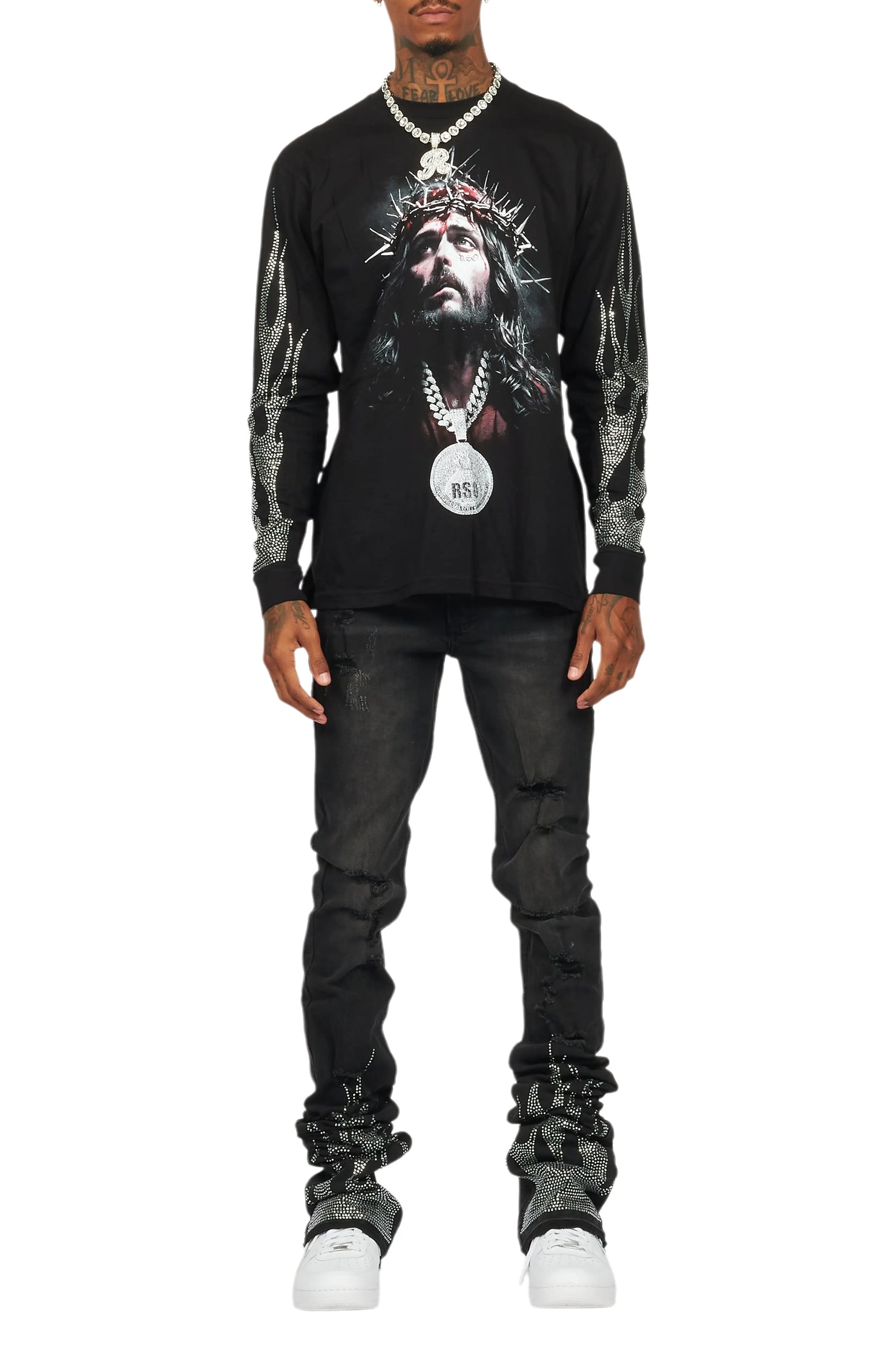 Amina Black Rhinestone Long Sleeve T-Shirt/Super Stacked Flare Jean Set