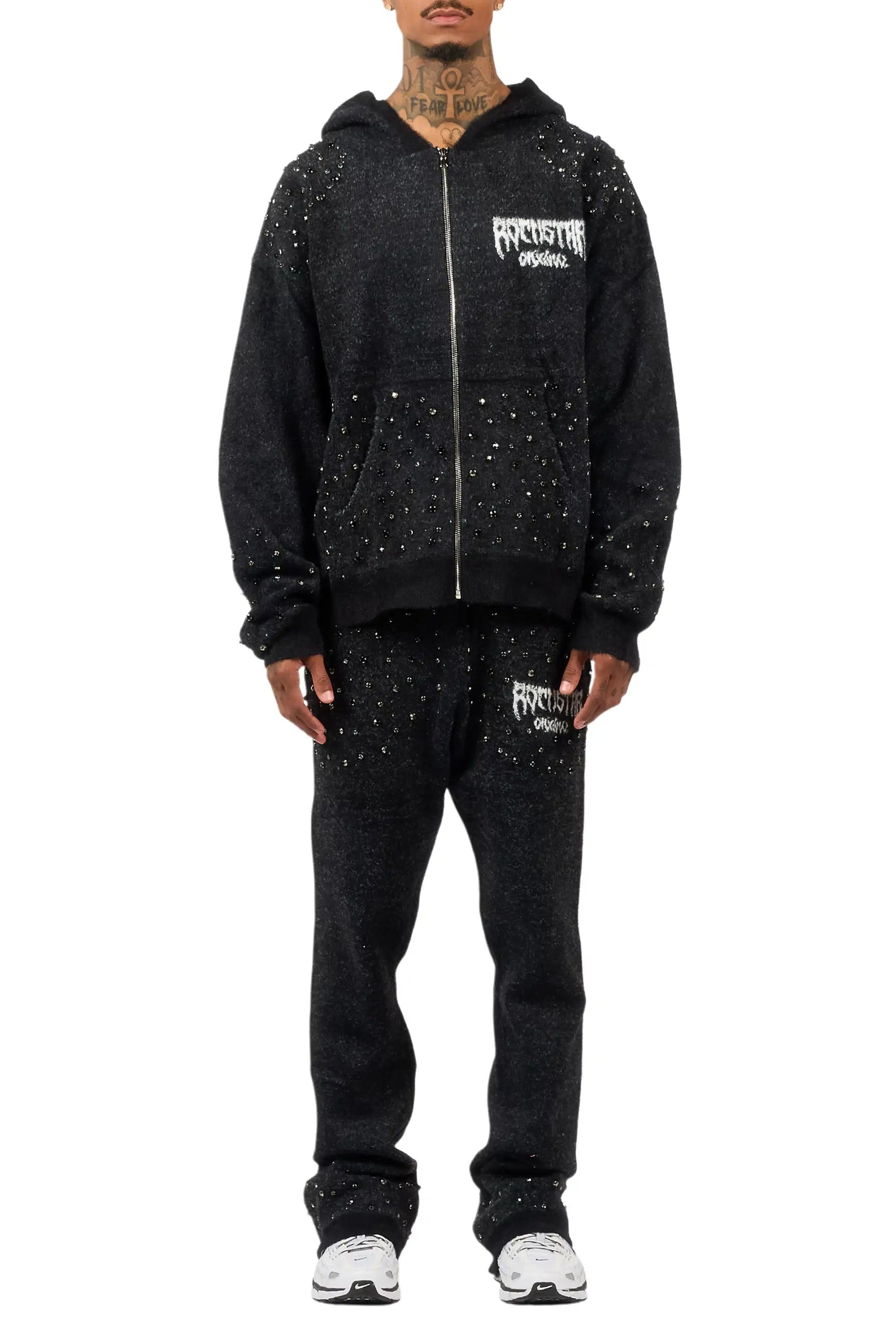 Lapiz Black Rhinestone Mohair Knit Stacked Flare Track Set