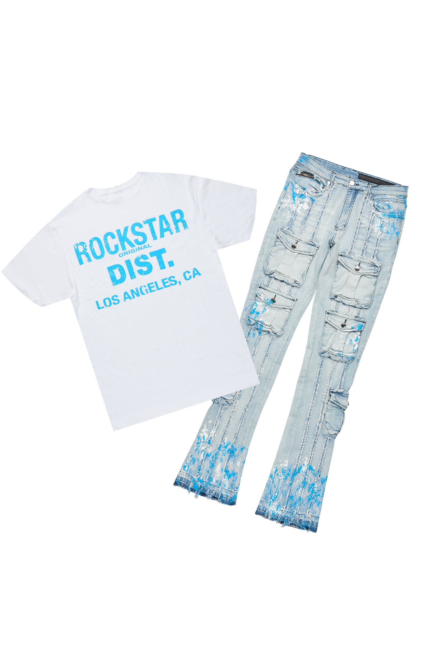 Quentin White/Blue T-Shirt/Stacked Flare Jean Set