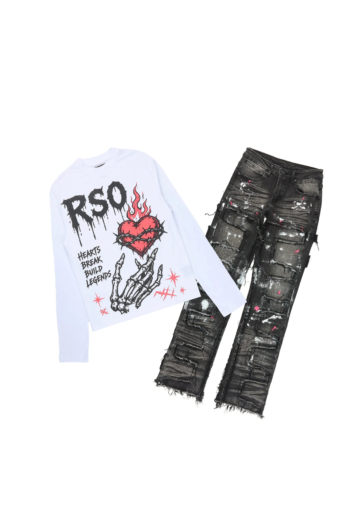 Boys Hercules White/Black Long Sleeve T-Shirt Stacked Jean Set