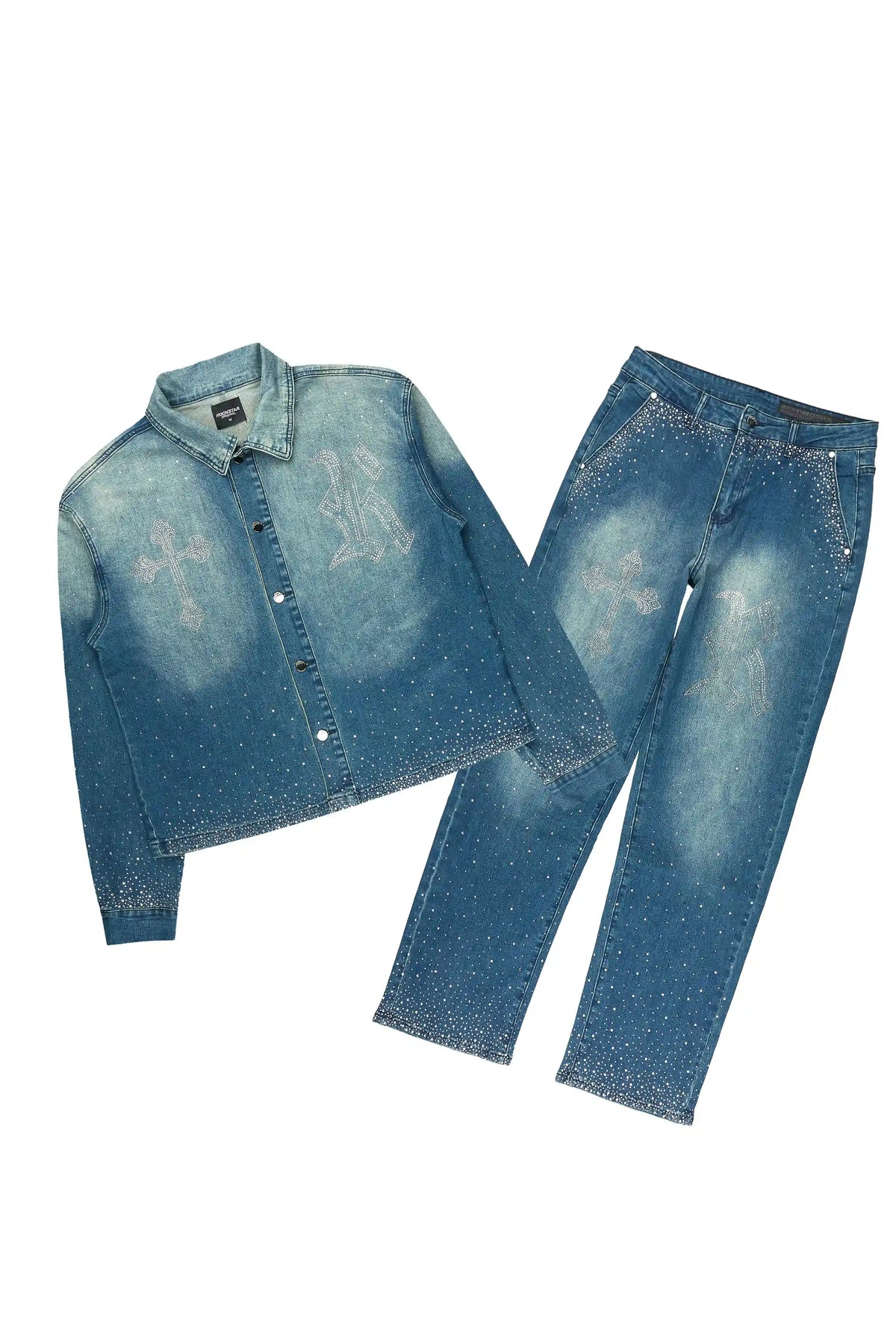 Clemente Blue Rhinestone Button Down Shirt/Jean Set