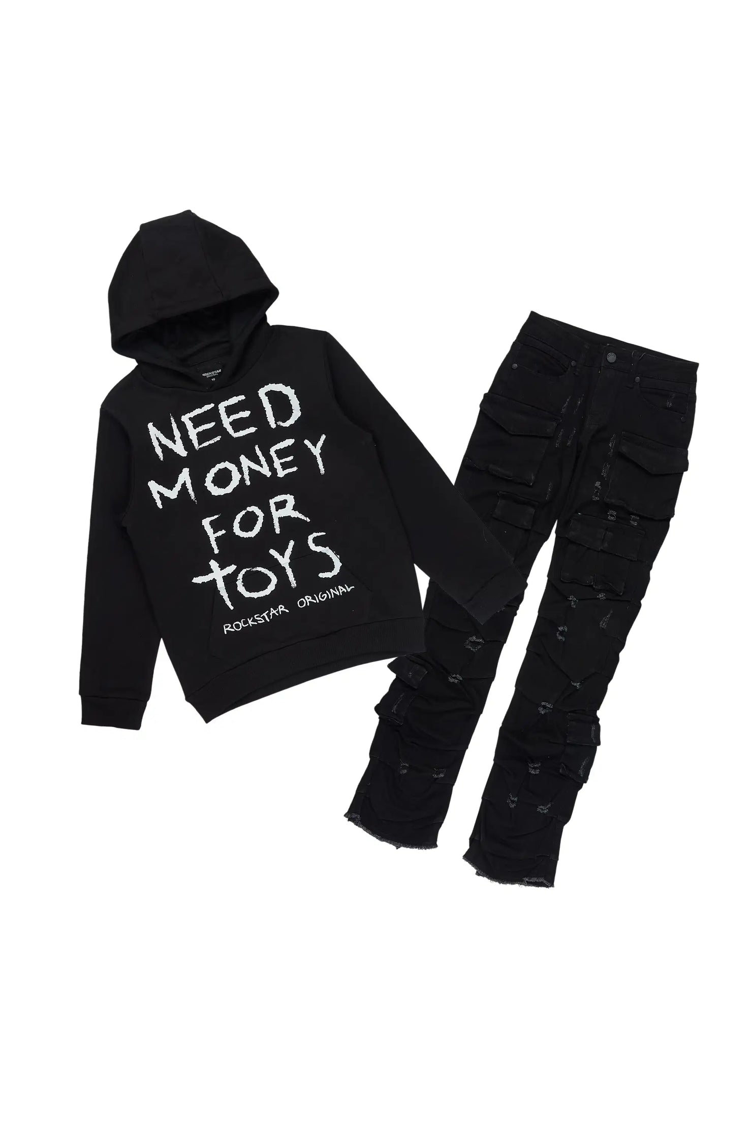 Boys M4 Toys Black Hoodie Stacked Jean Set
