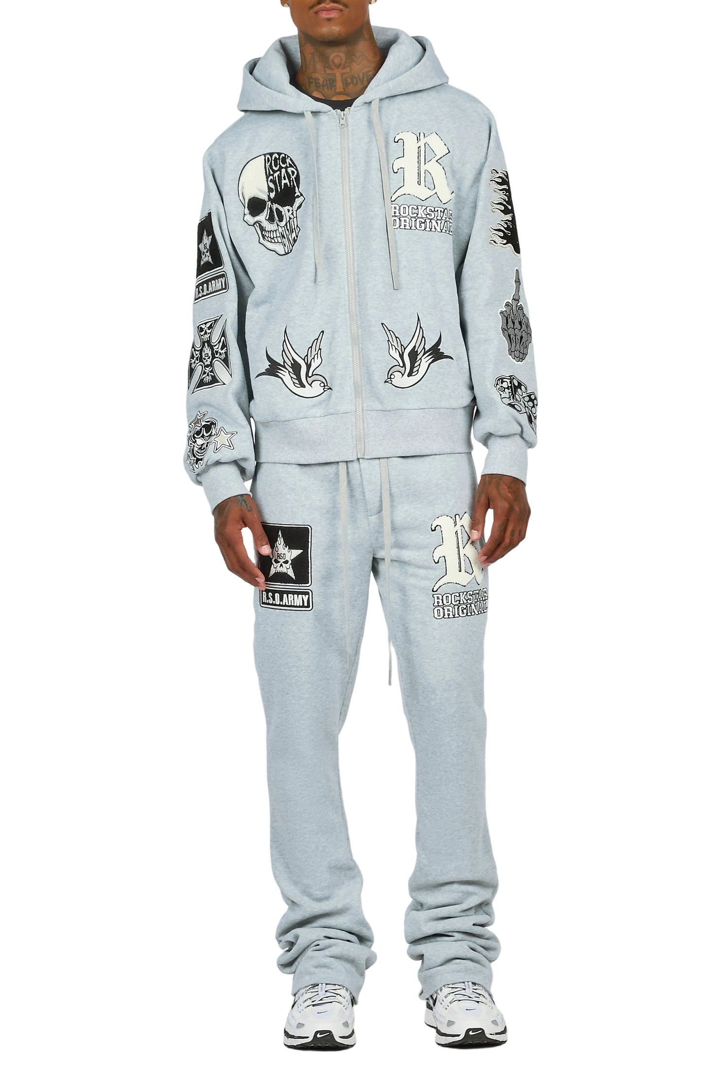 Vidar Heather Grey Zip Up Hoodie Stacked Track Set
