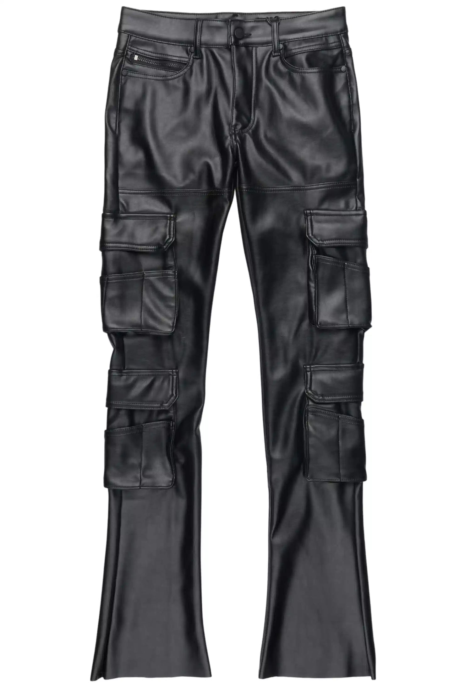 Keylor Black Stacked Flare PU Pants