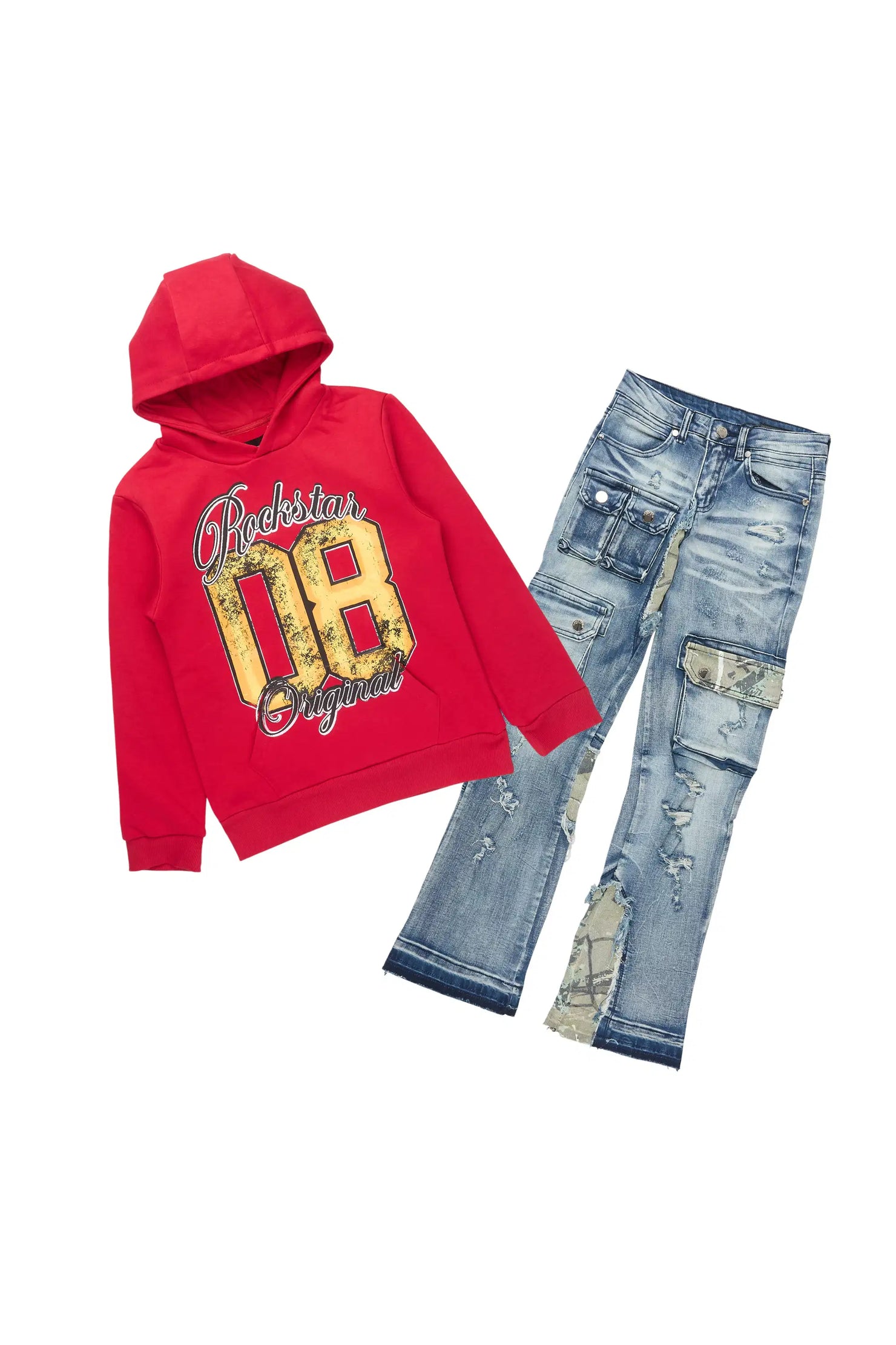 Boys Debo Red Hoodie & Zeta Blue Stacked Jean Set