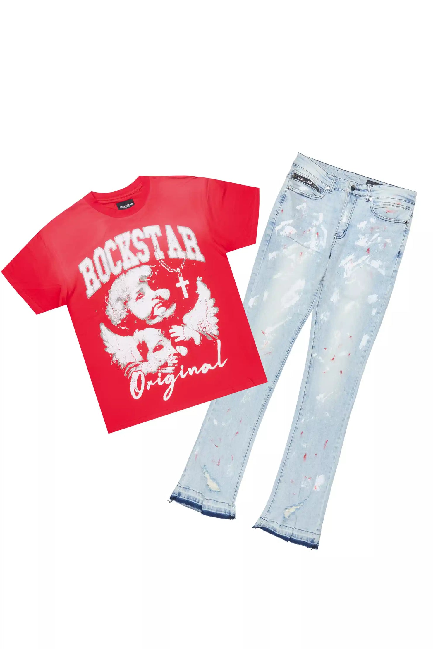 Deiter Red Oversized T-Shirt/Stacked Flare Jean Set
