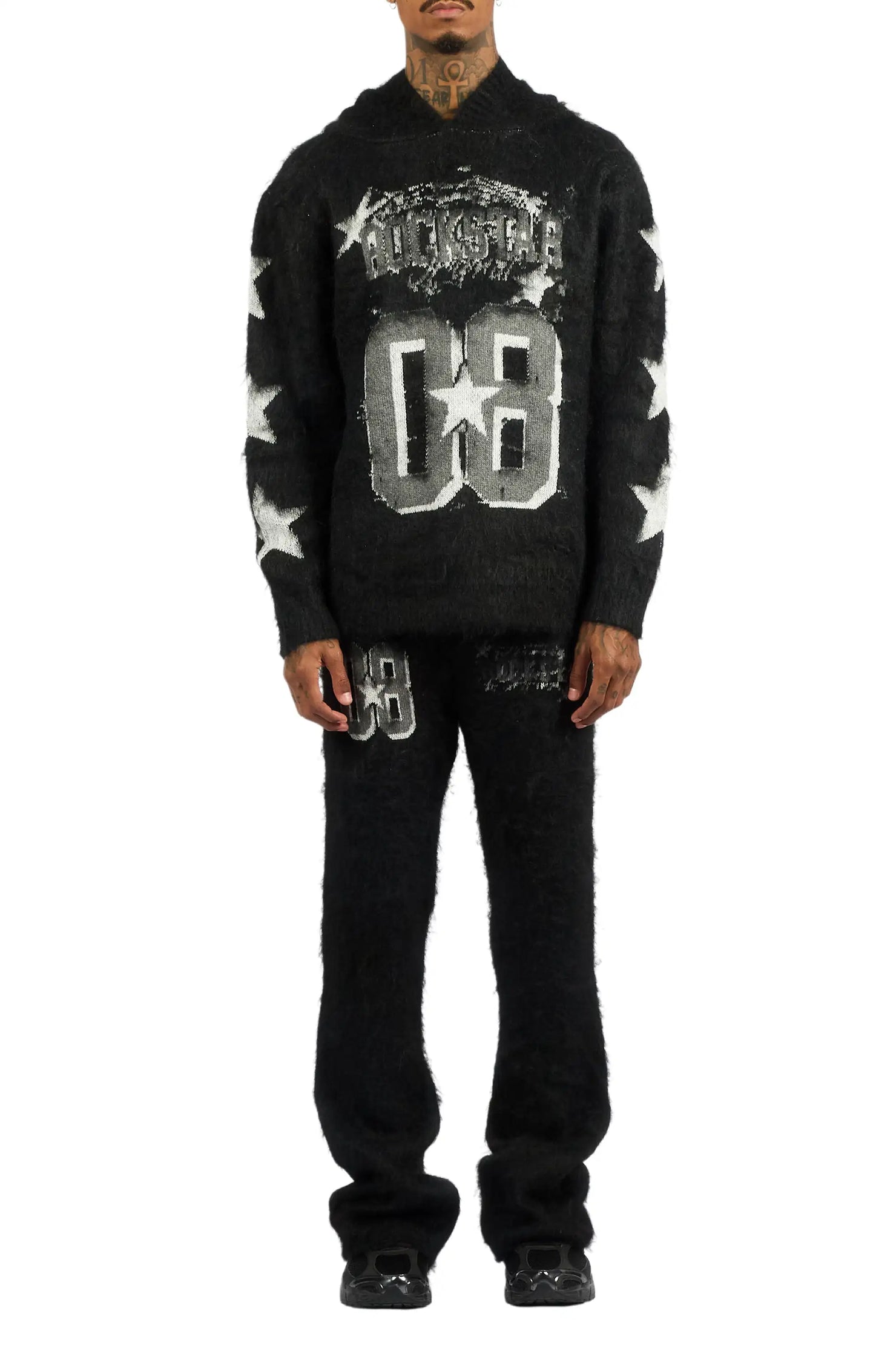 Allstar Black Hoodie Stacked Flare Knitted Mohair Track Set