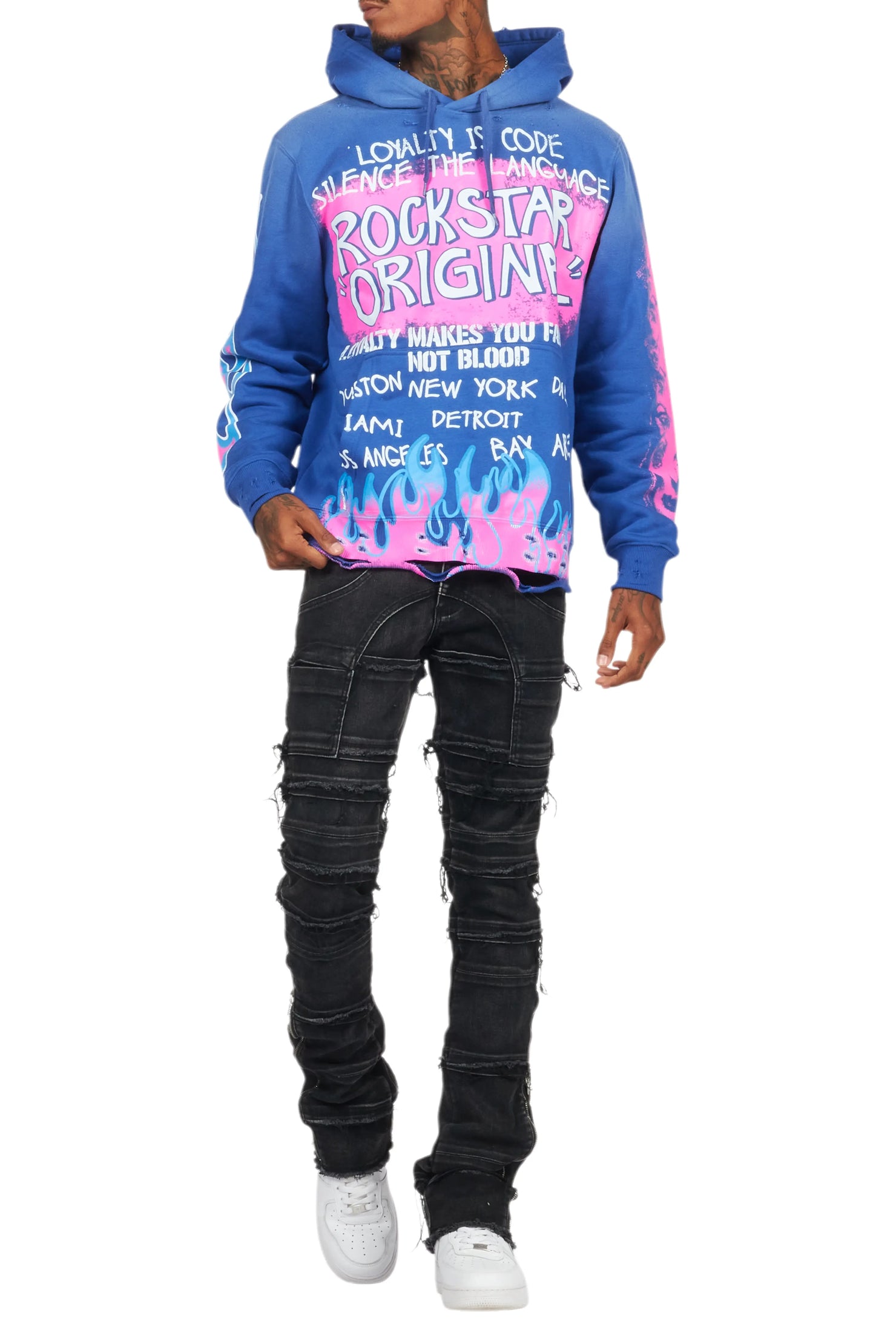 Beno Royal Blue Distressed Graphic Hoodie
