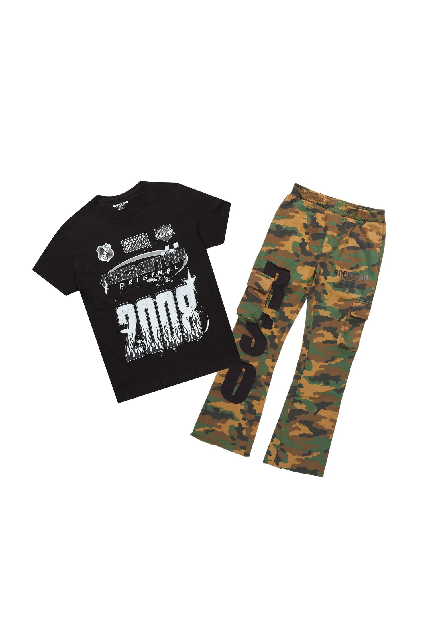 Boys Amos Black/Camo T-Shirt/Stacked Flare Pant Set