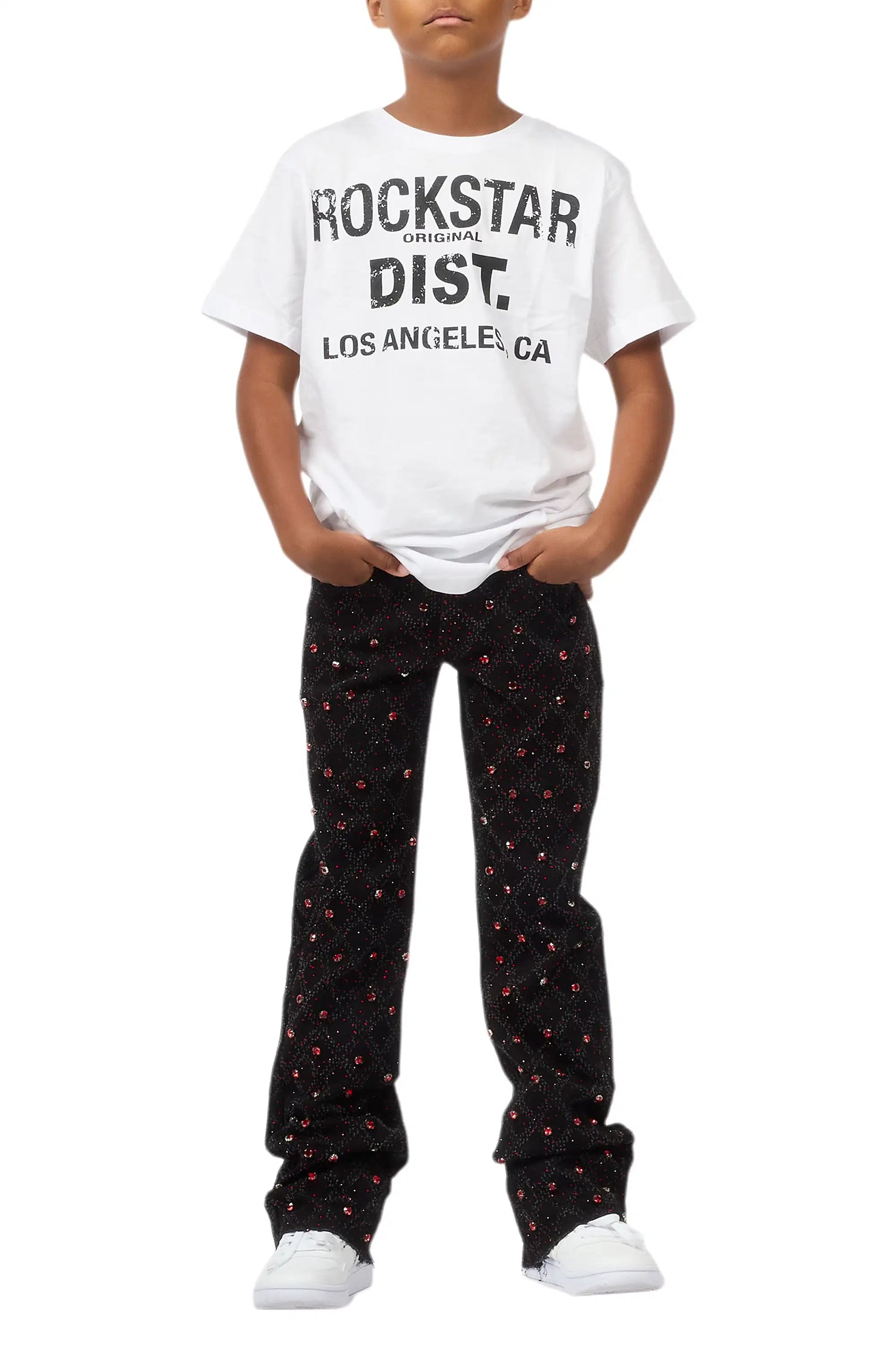 Boys Glit Black/Red Rhinestone Stacked Flare Jean