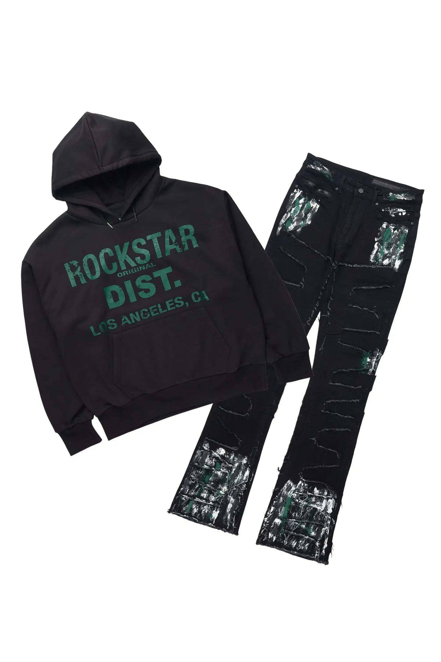 Saxon Black/Green Hoodie/Stacked Flare Jean Set