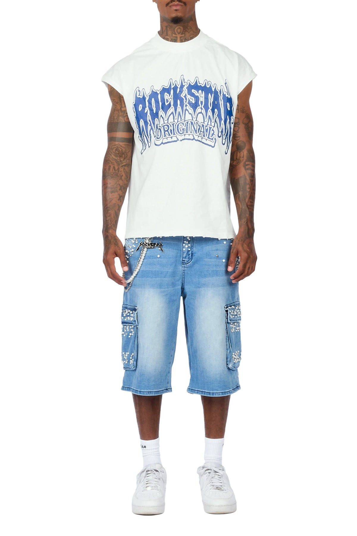 Teo Blue Rhinestone Cut Sleeve T-Shirt Denim Jort Set