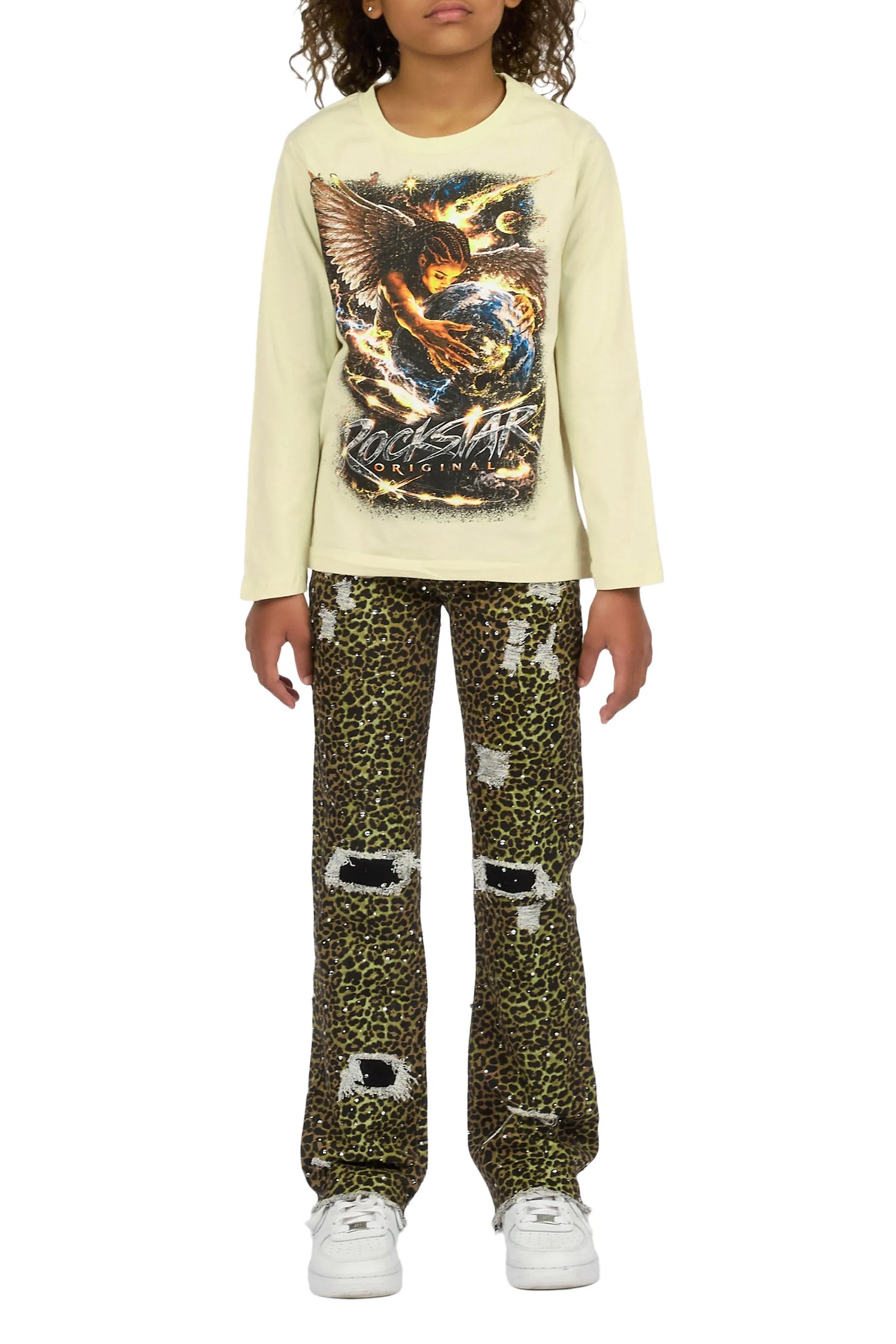 Girls Kearnly Sand/Cheetah Long Sleeve T-Shirt Rhinestone Jean Set