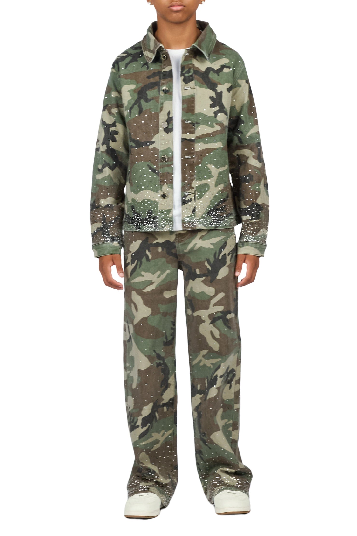 Boys Xyler Green Camo Rhinestone Button Down Shirt/Relaxed Jean Set