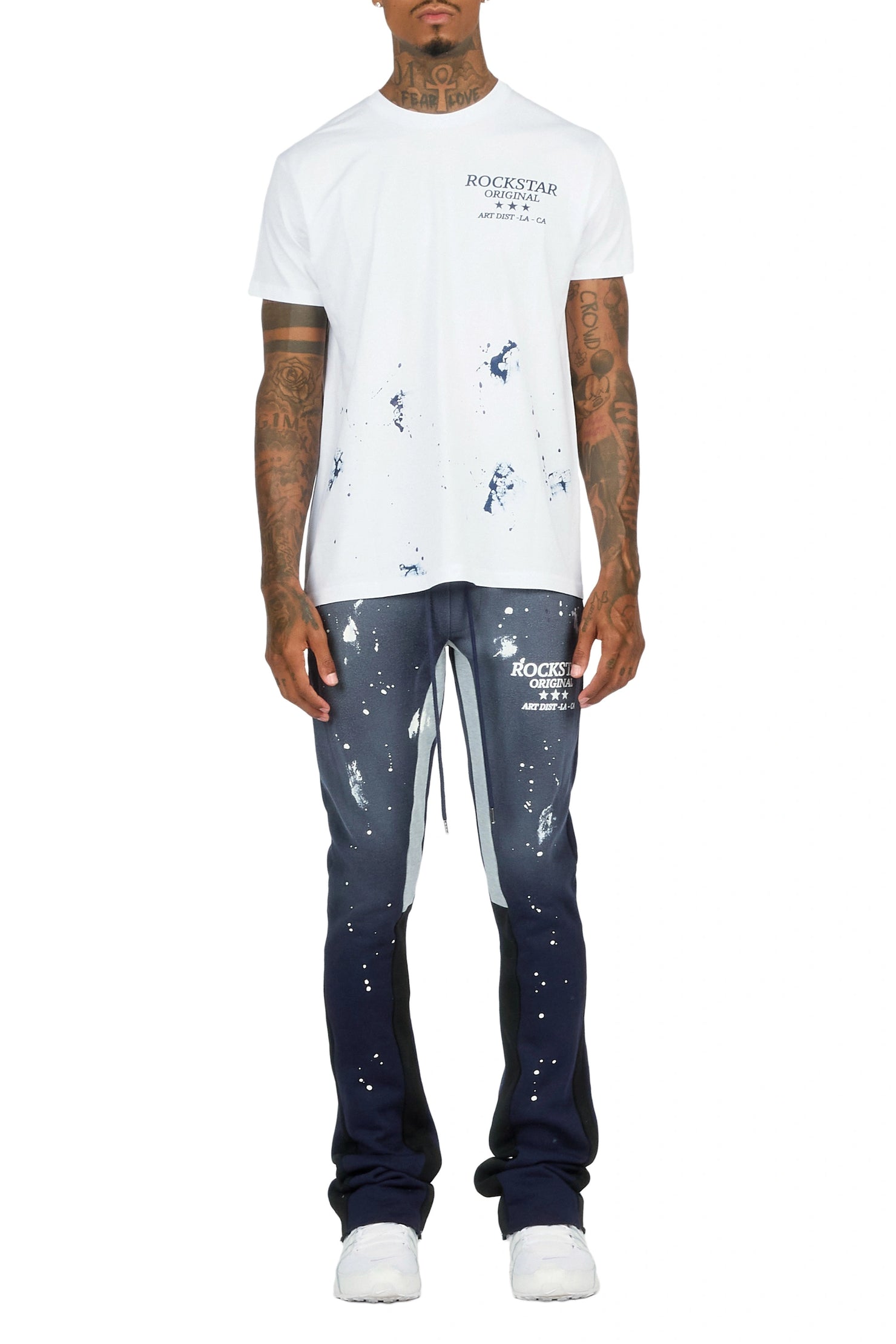 Damek White/Navy T-shirt/Stacked Flare Track Pant Set